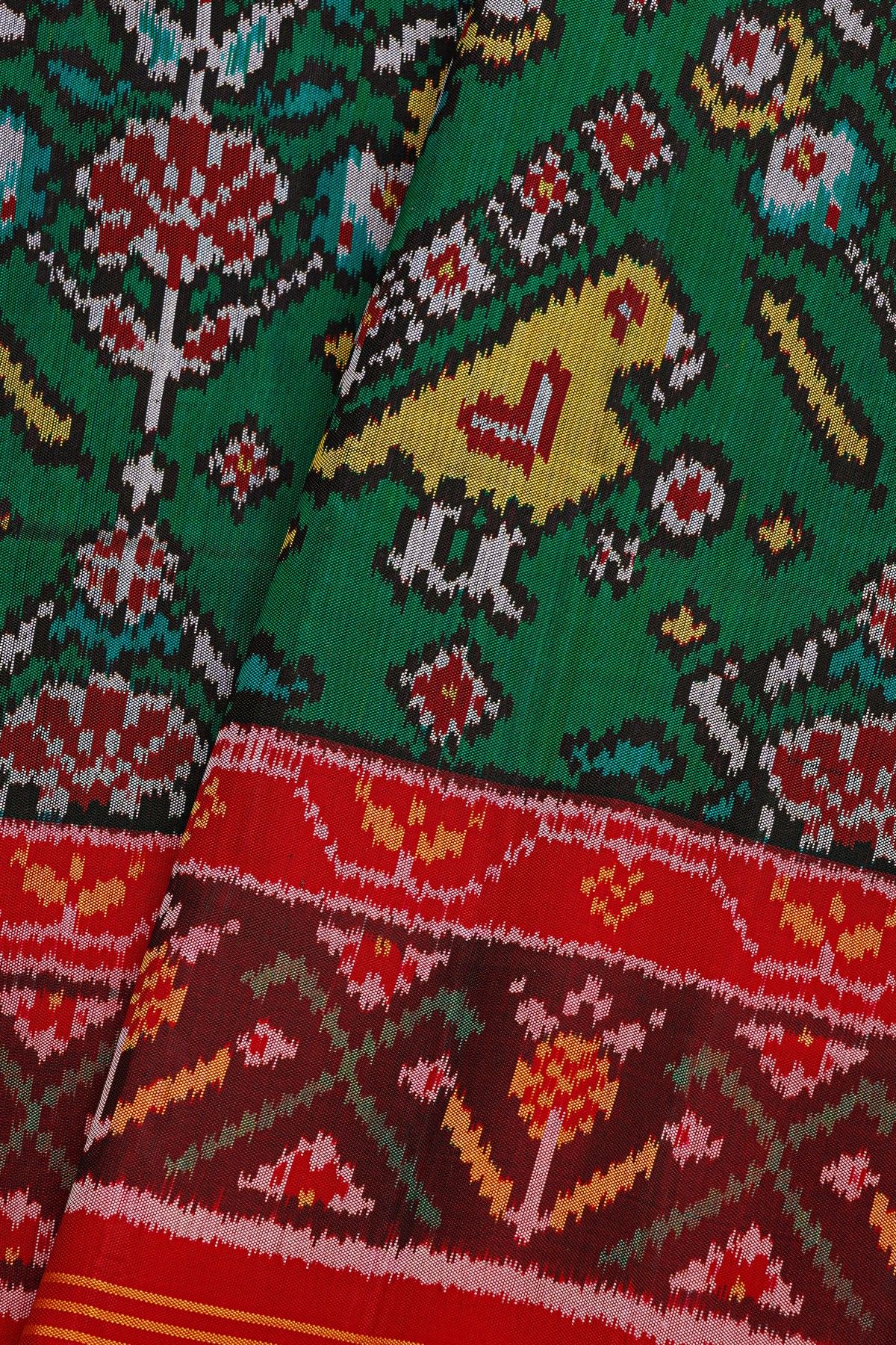 Patola Silk Leaf Green Saree With Floral And Animals Body