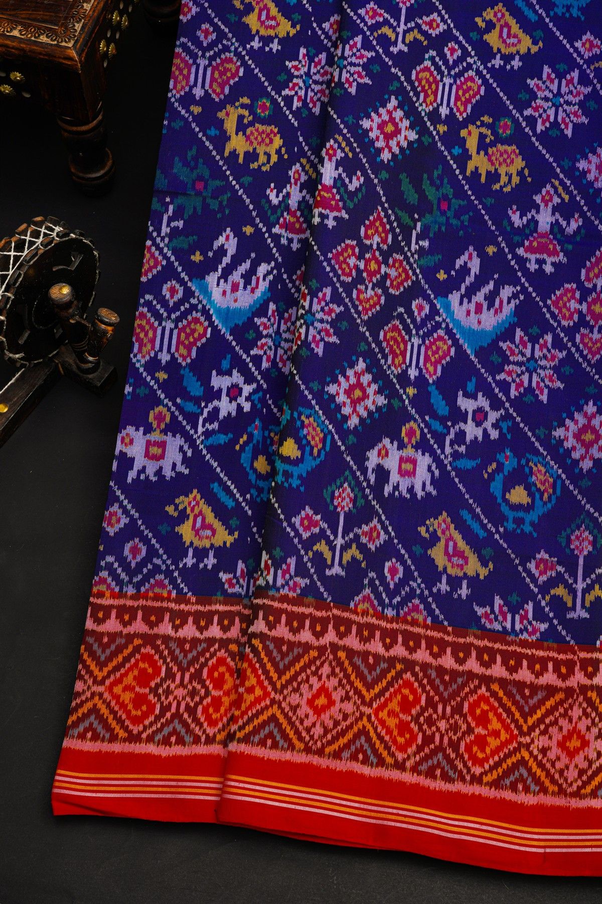 Patola Silk Royal Blue Saree With Floral And Leaf Border