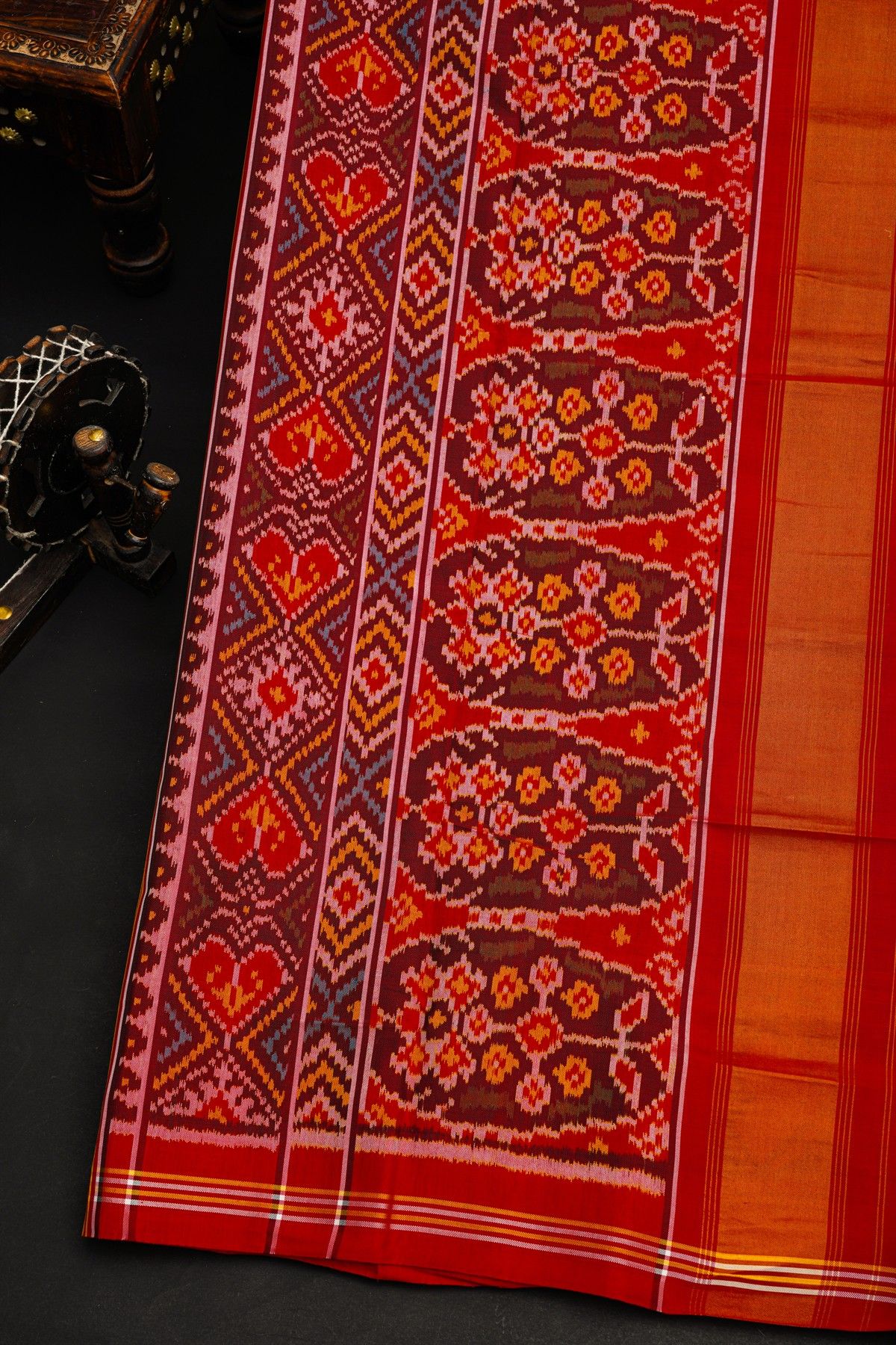 Patola Silk Royal Blue Saree With Floral And Leaf Border