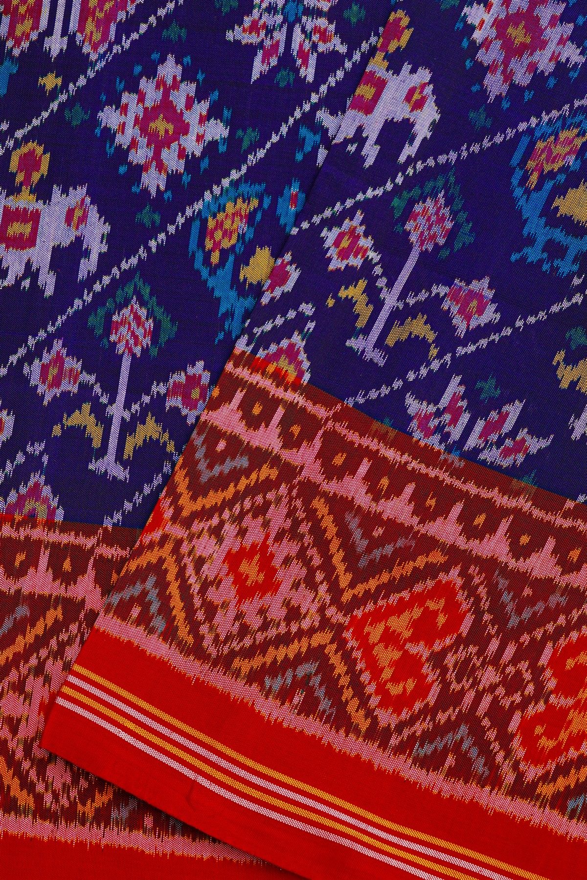 Patola Silk Royal Blue Saree With Floral And Leaf Border