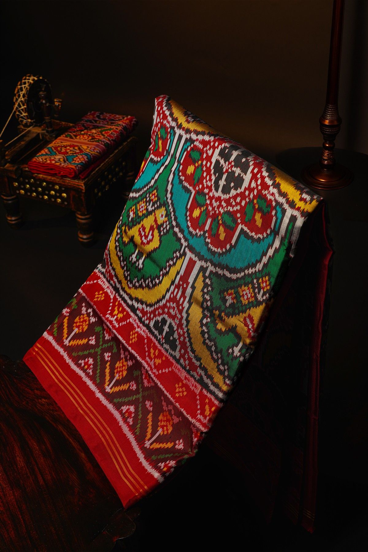 Patola Silk Multi-Colour Saree With All Over Floral Weaving And Lines Border