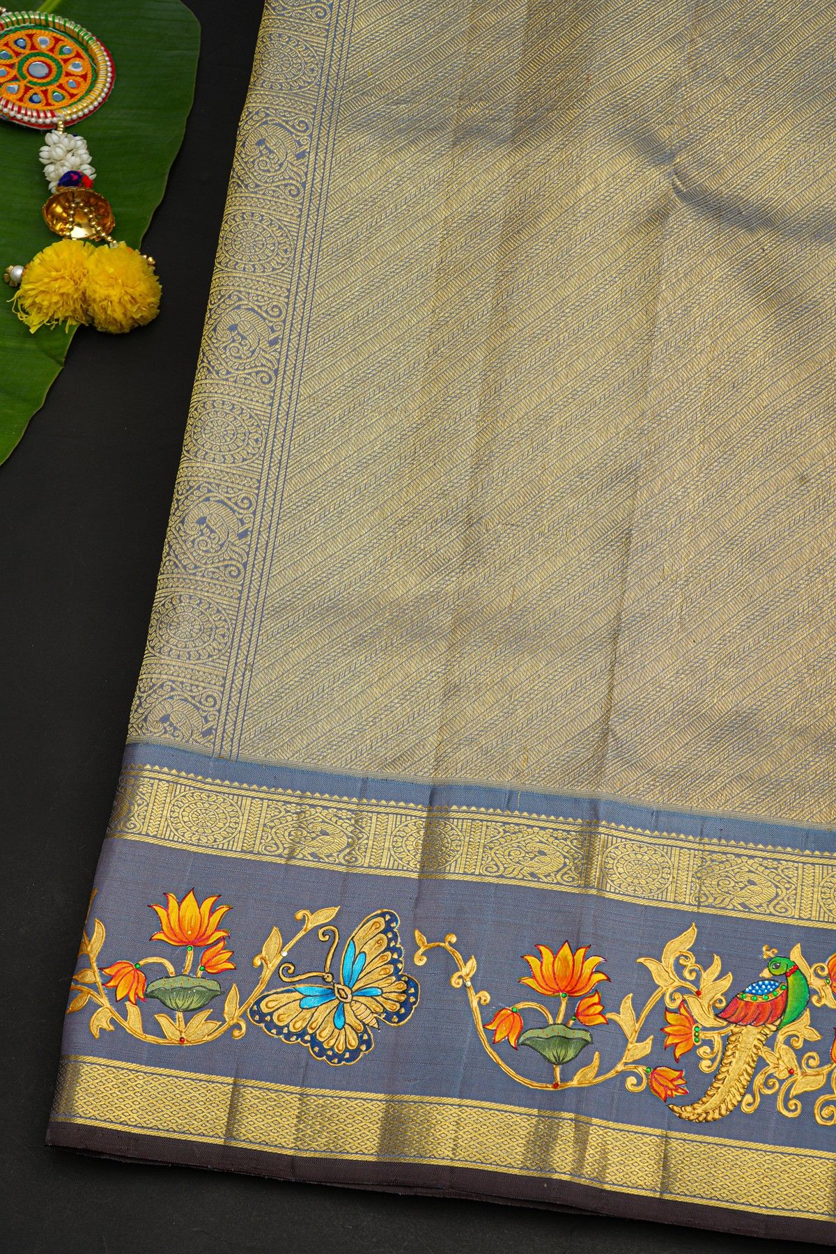 Gadwal Silk Orange Saree With Tanjore Hand Painted Florals And Peacocks Border