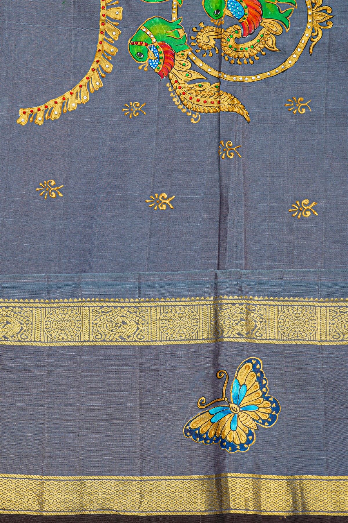 Gadwal Silk Orange Saree With Tanjore Hand Painted Florals And Peacocks Border