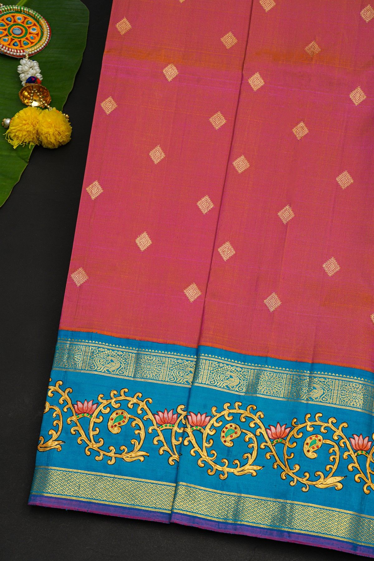 Gadwal Silk Magenta Saree With Tanjore Hand Painted Florals And Gandaberunda Border