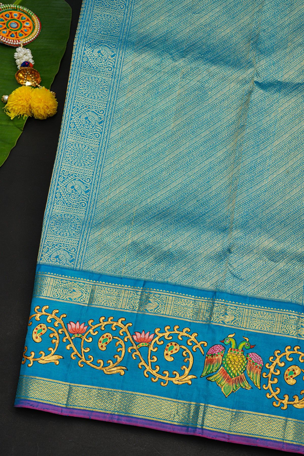 Gadwal Silk Magenta Saree With Tanjore Hand Painted Florals And Gandaberunda Border
