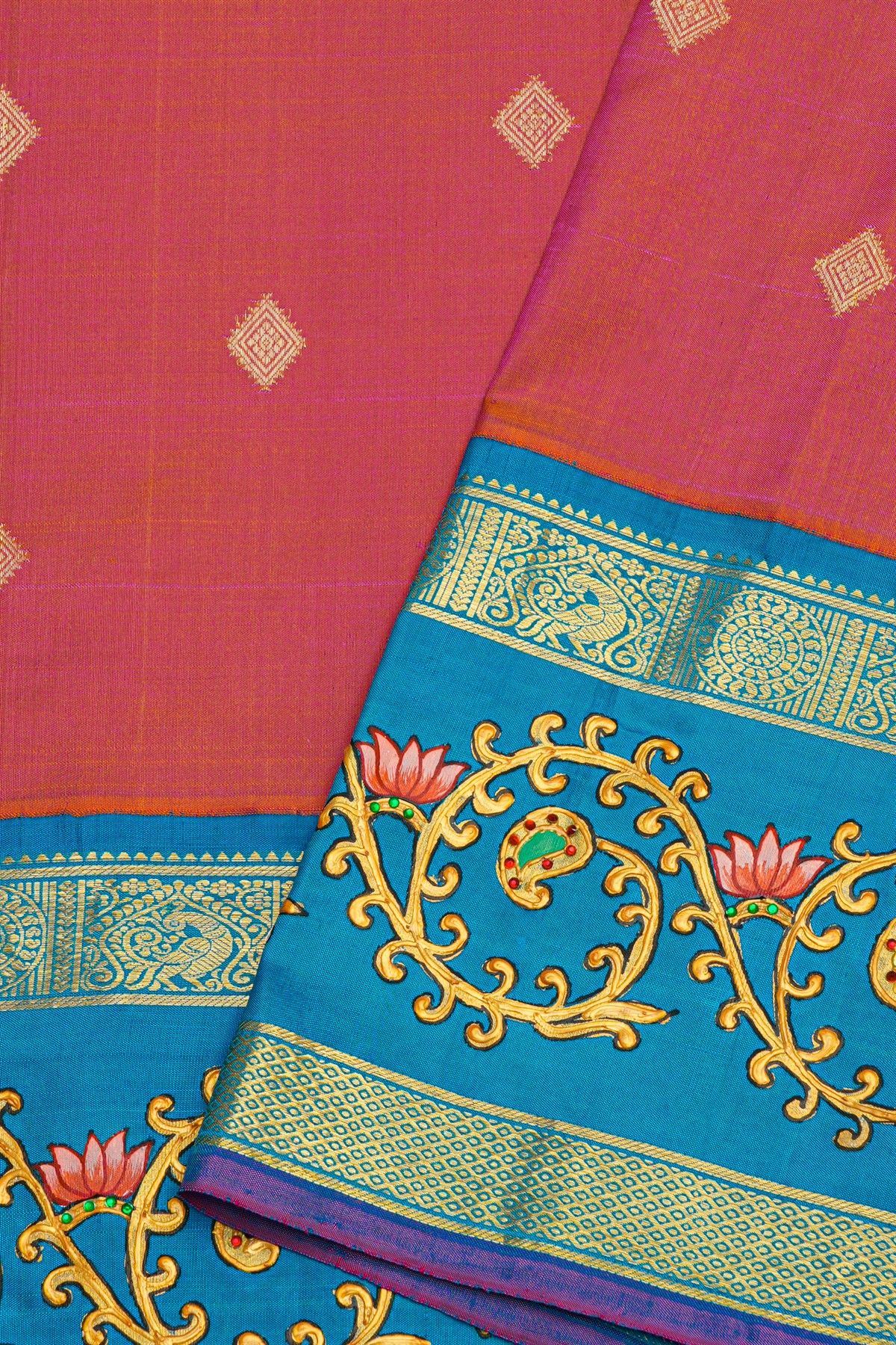 Gadwal Silk Magenta Saree With Tanjore Hand Painted Florals And Gandaberunda Border