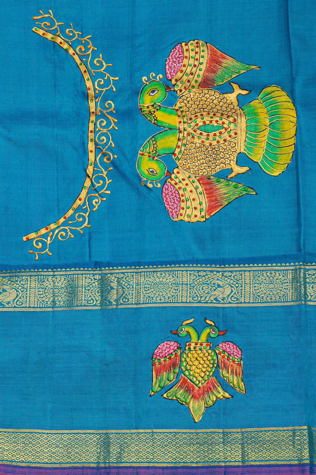 Gadwal Silk Magenta Saree With Tanjore Hand Painted Florals And Gandaberunda Border