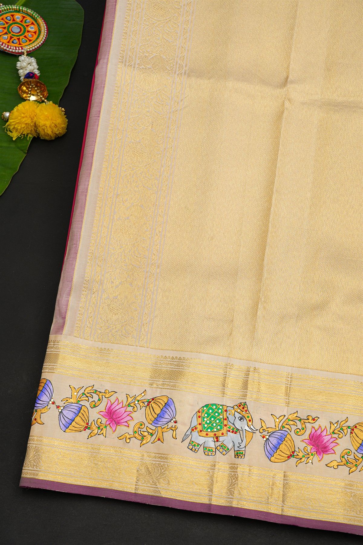 Gadwal Silk Magenta Saree With Tanjore Hand Painted Florals And Elephants Border