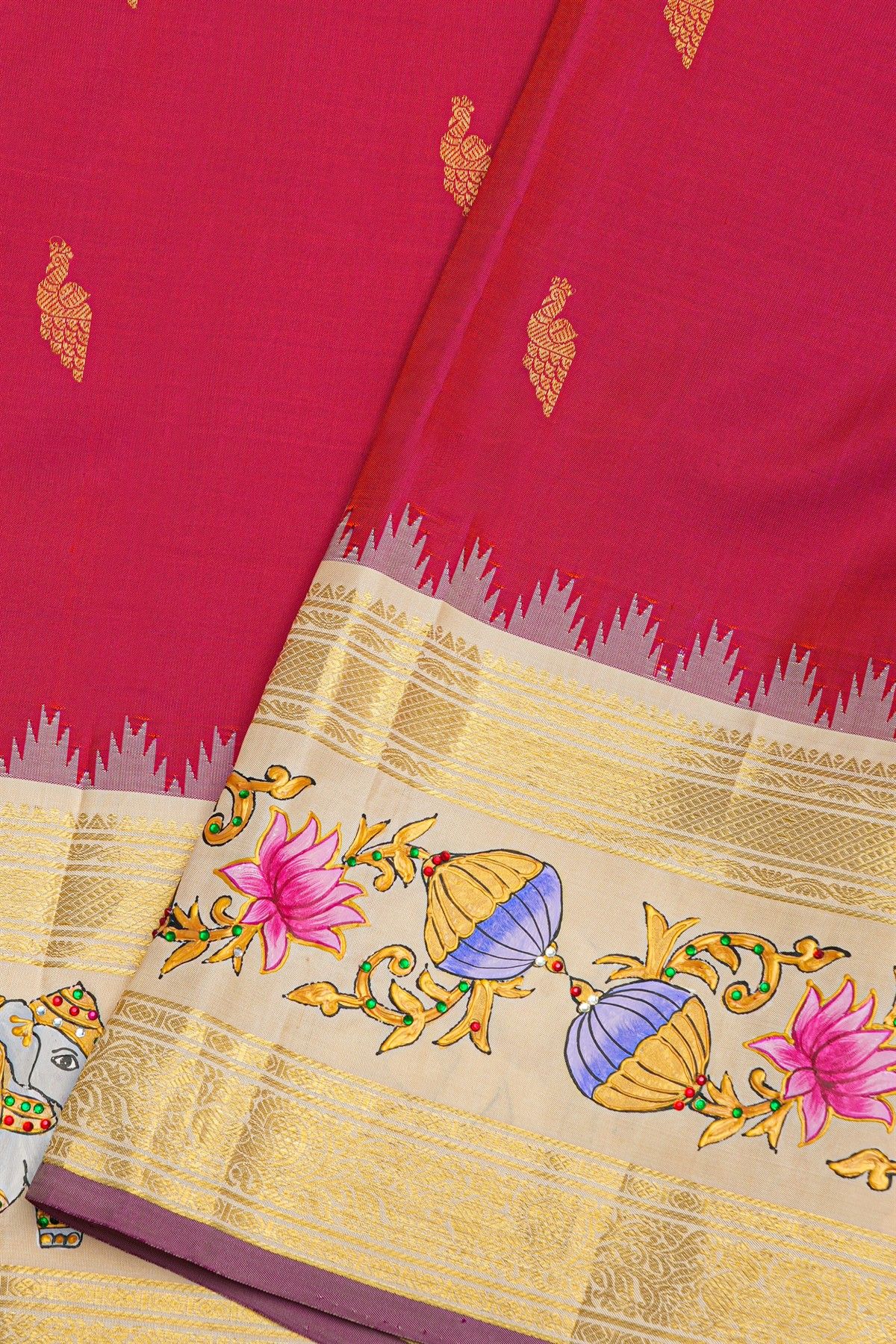 Gadwal Silk Magenta Saree With Tanjore Hand Painted Florals And Elephants Border