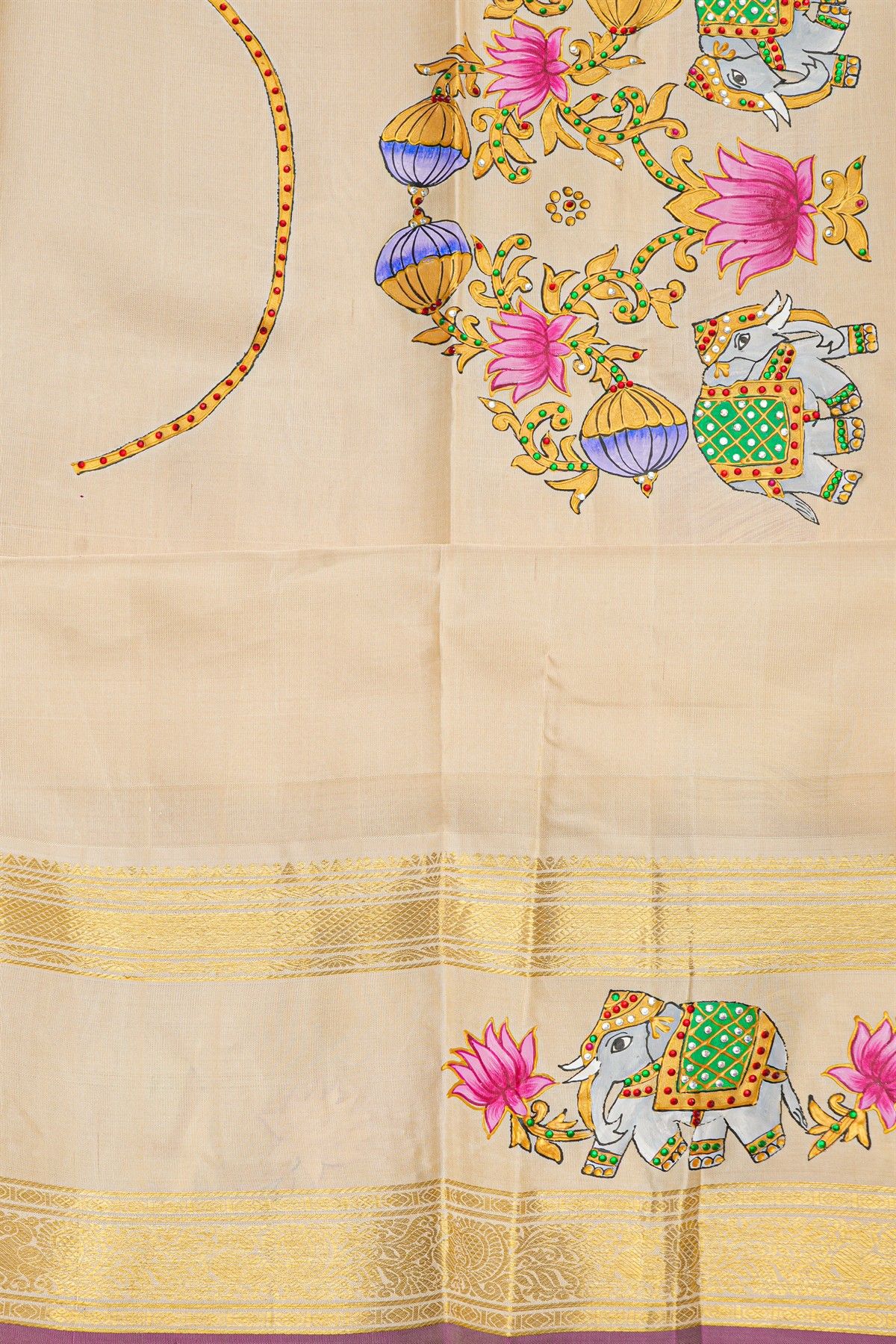 Gadwal Silk Magenta Saree With Tanjore Hand Painted Florals And Elephants Border