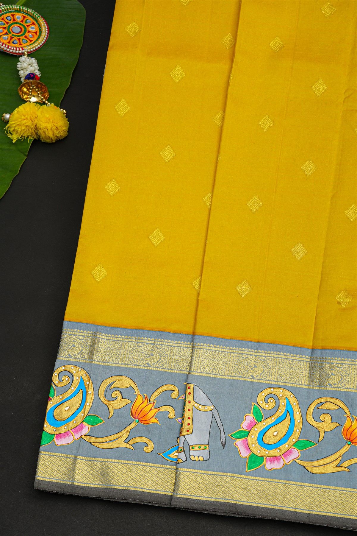 Gadwal Silk Yellow Saree With Tanjore Hand Painted Florals And Elephants Border