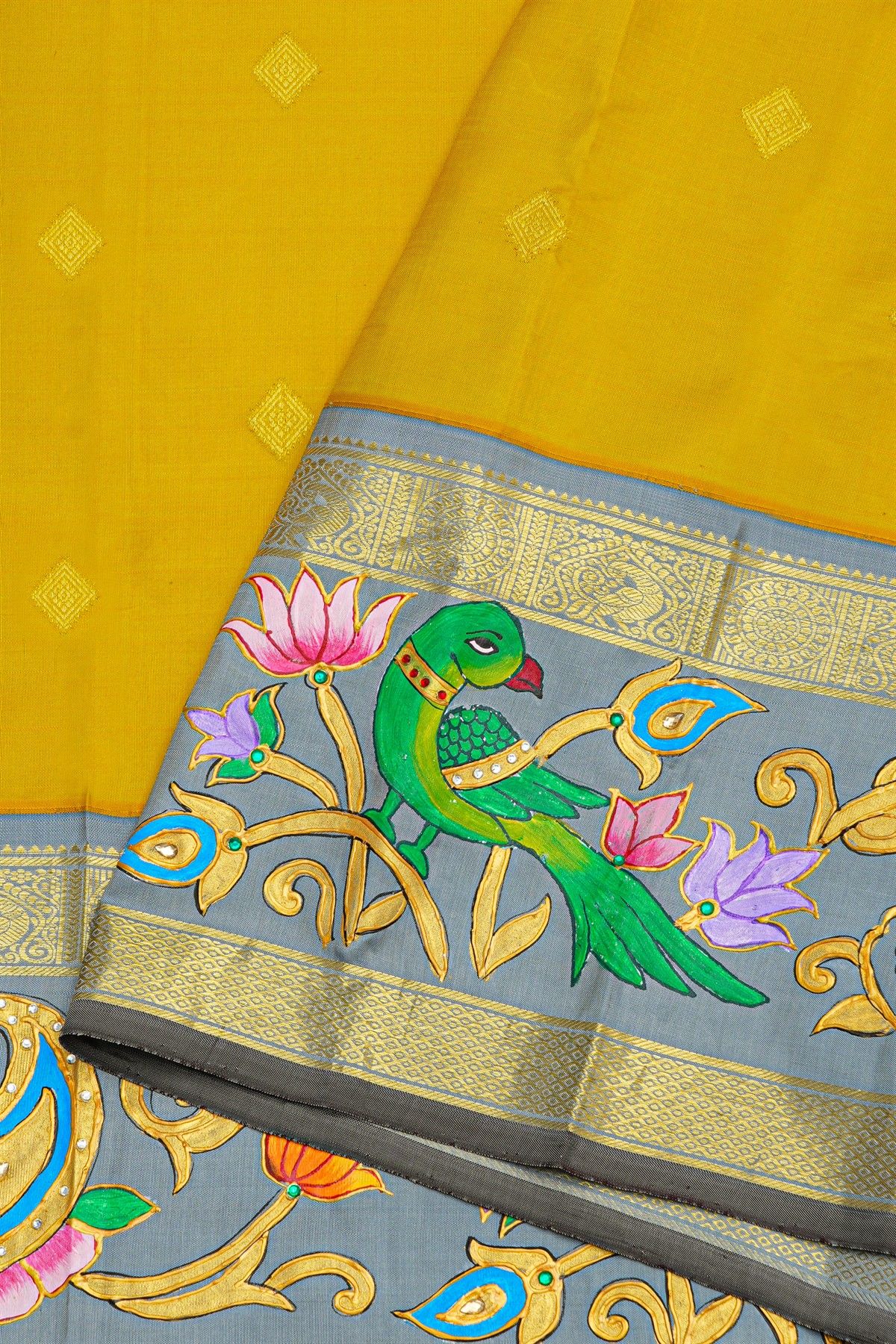 Gadwal Silk Yellow Saree With Tanjore Hand Painted Florals And Elephants Border