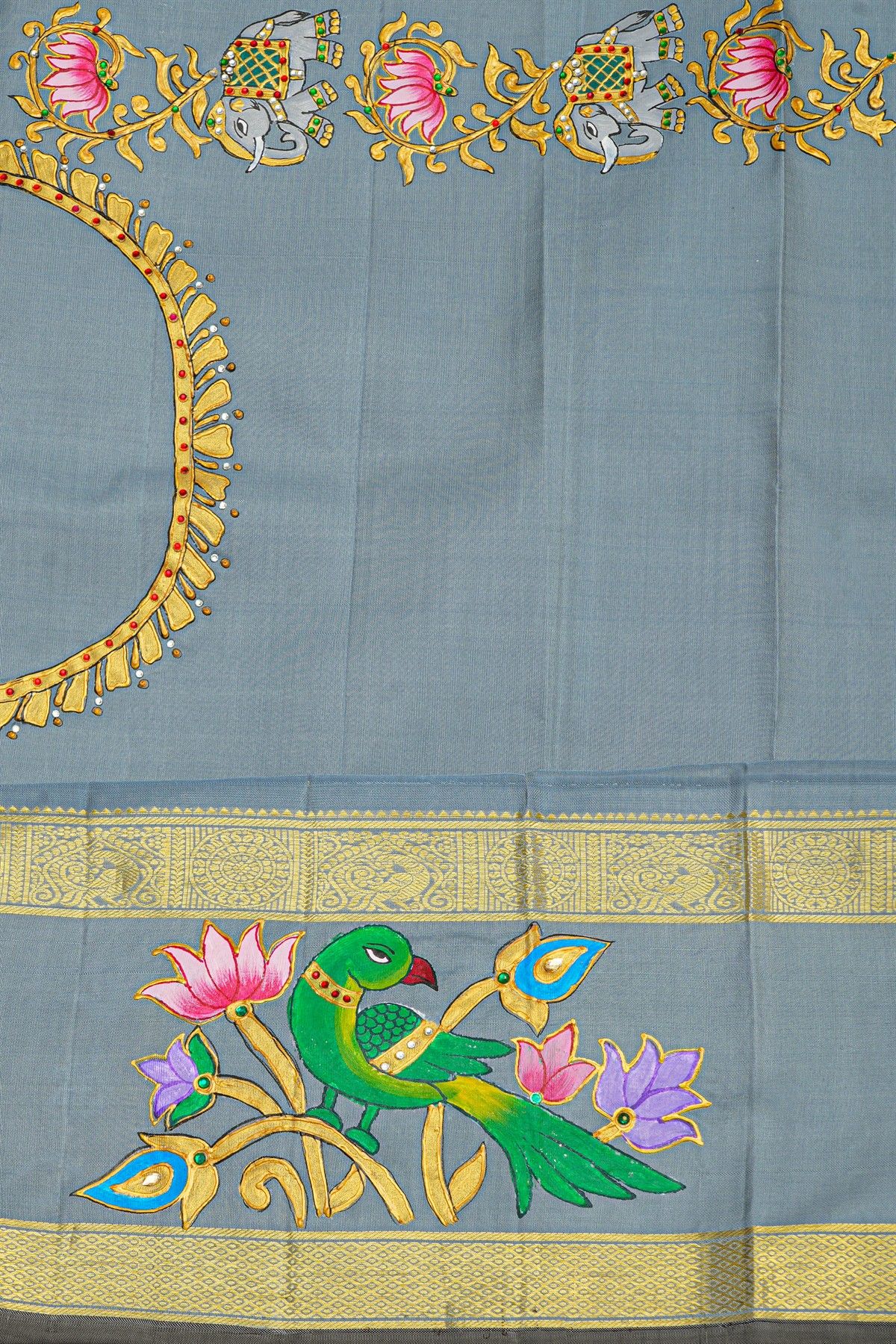 Gadwal Silk Yellow Saree With Tanjore Hand Painted Florals And Elephants Border