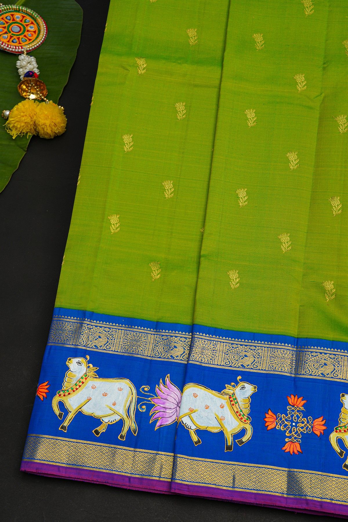 Gadwal Silk Green Saree With Tanjore Hand Painted Florals And Pichwai Cows Border