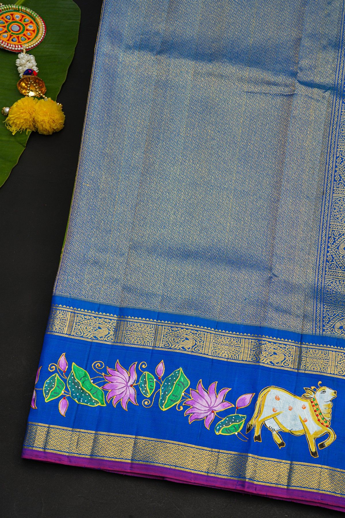 Gadwal Silk Green Saree With Tanjore Hand Painted Florals And Pichwai Cows Border