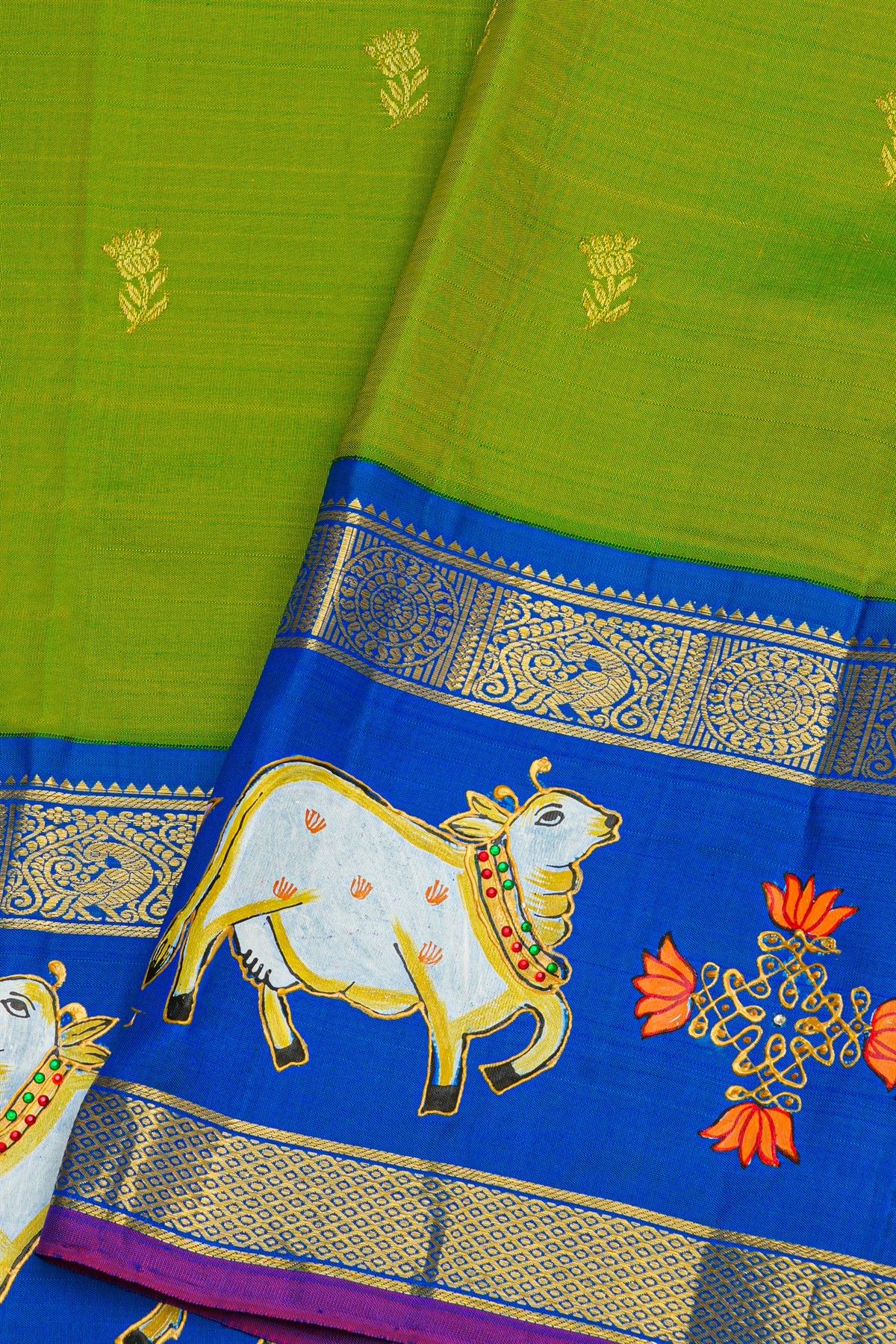 Gadwal Silk Green Saree With Tanjore Hand Painted Florals And Pichwai Cows Border