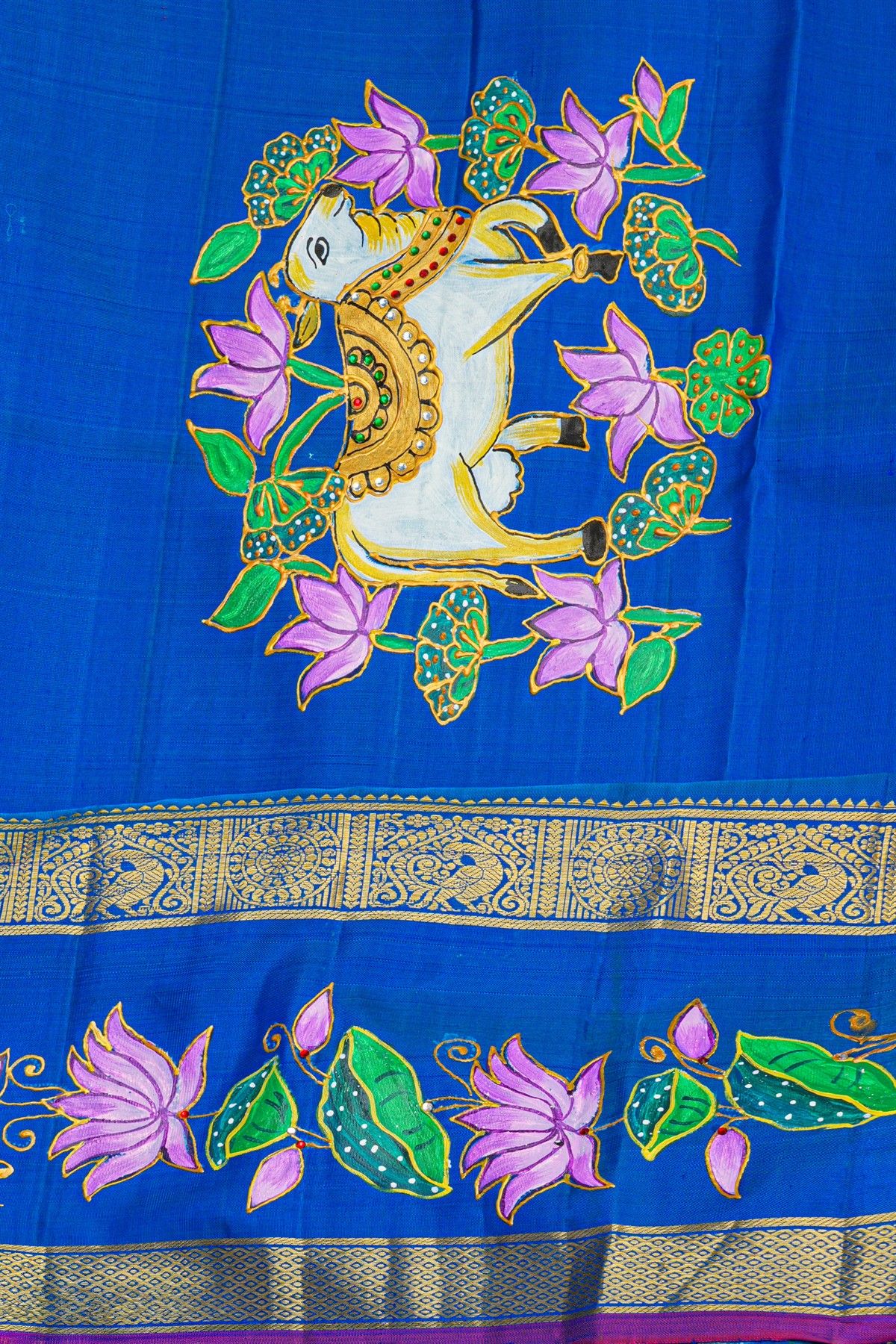 Gadwal Silk Green Saree With Tanjore Hand Painted Florals And Pichwai Cows Border