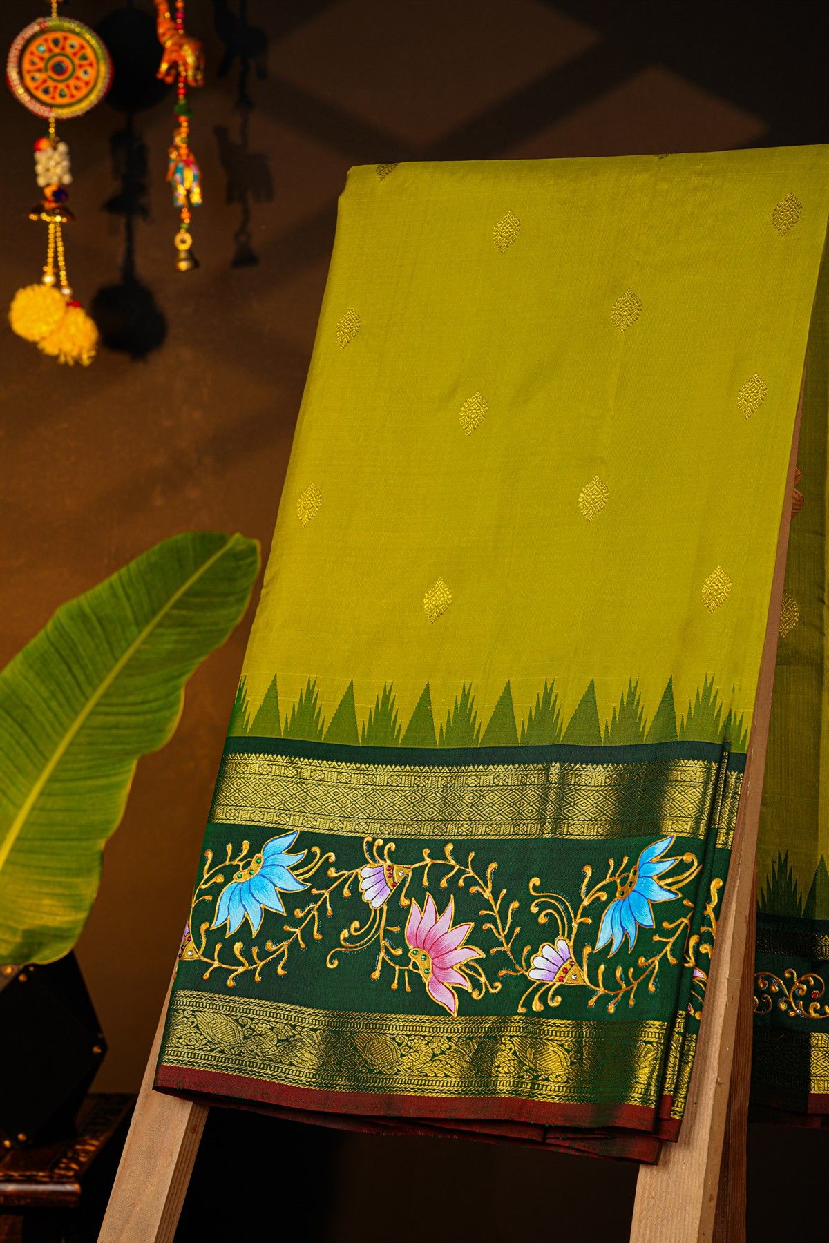 Gadwal Silk Mehendi Green Saree With Tanjore Hand Painted Florals And Birds Border