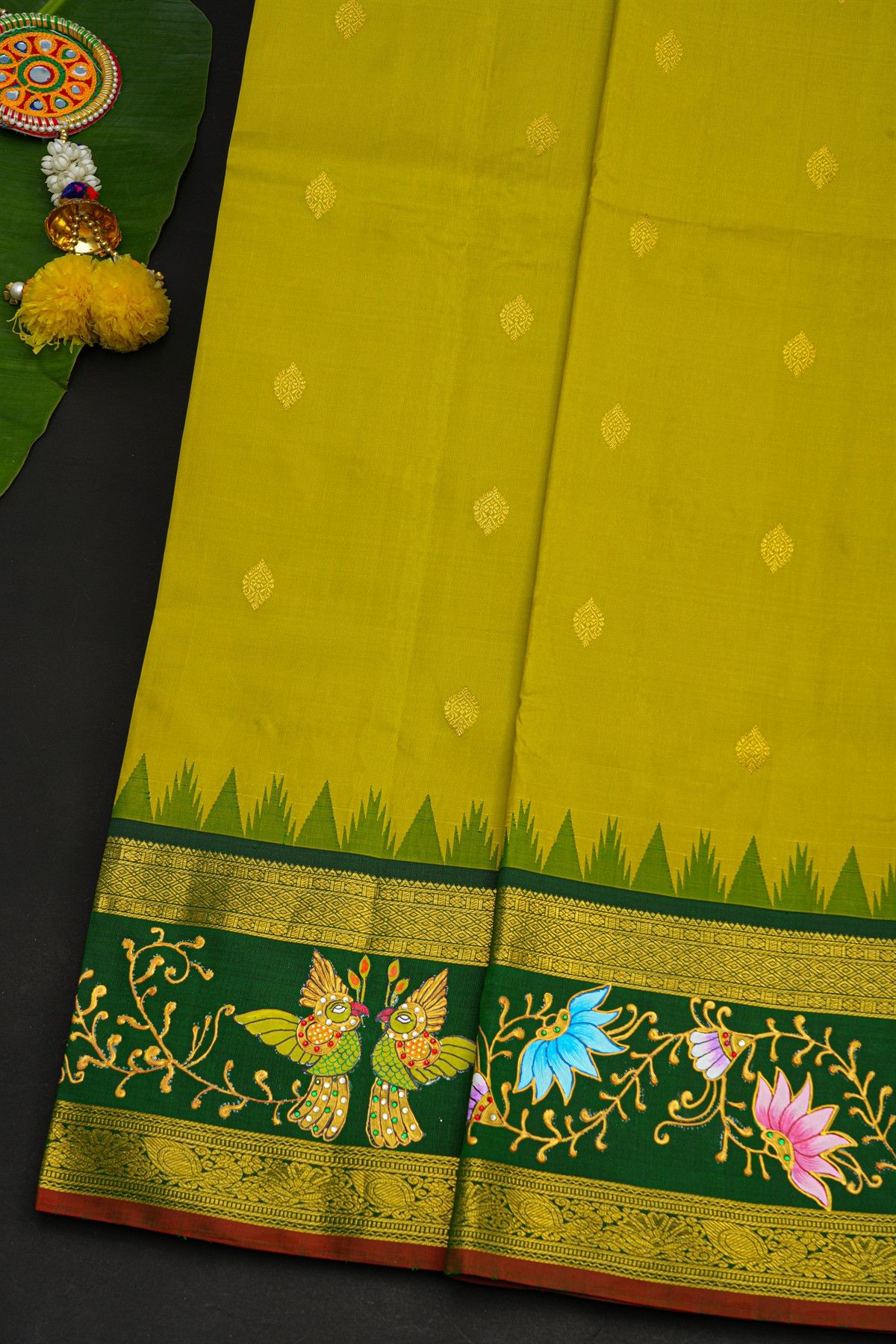 Gadwal Silk Mehendi Green Saree With Tanjore Hand Painted Florals And Birds Border