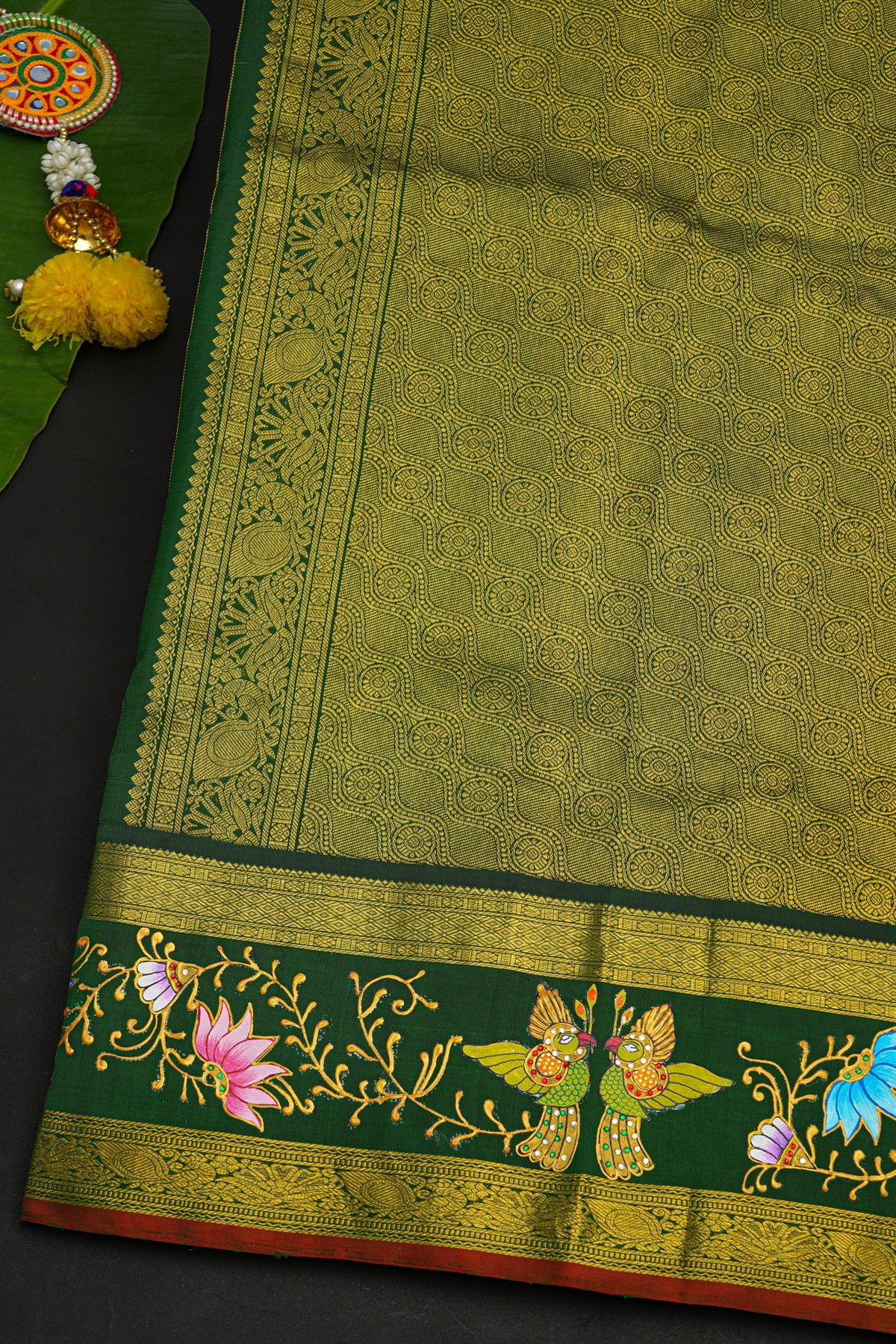 Gadwal Silk Mehendi Green Saree With Tanjore Hand Painted Florals And Birds Border