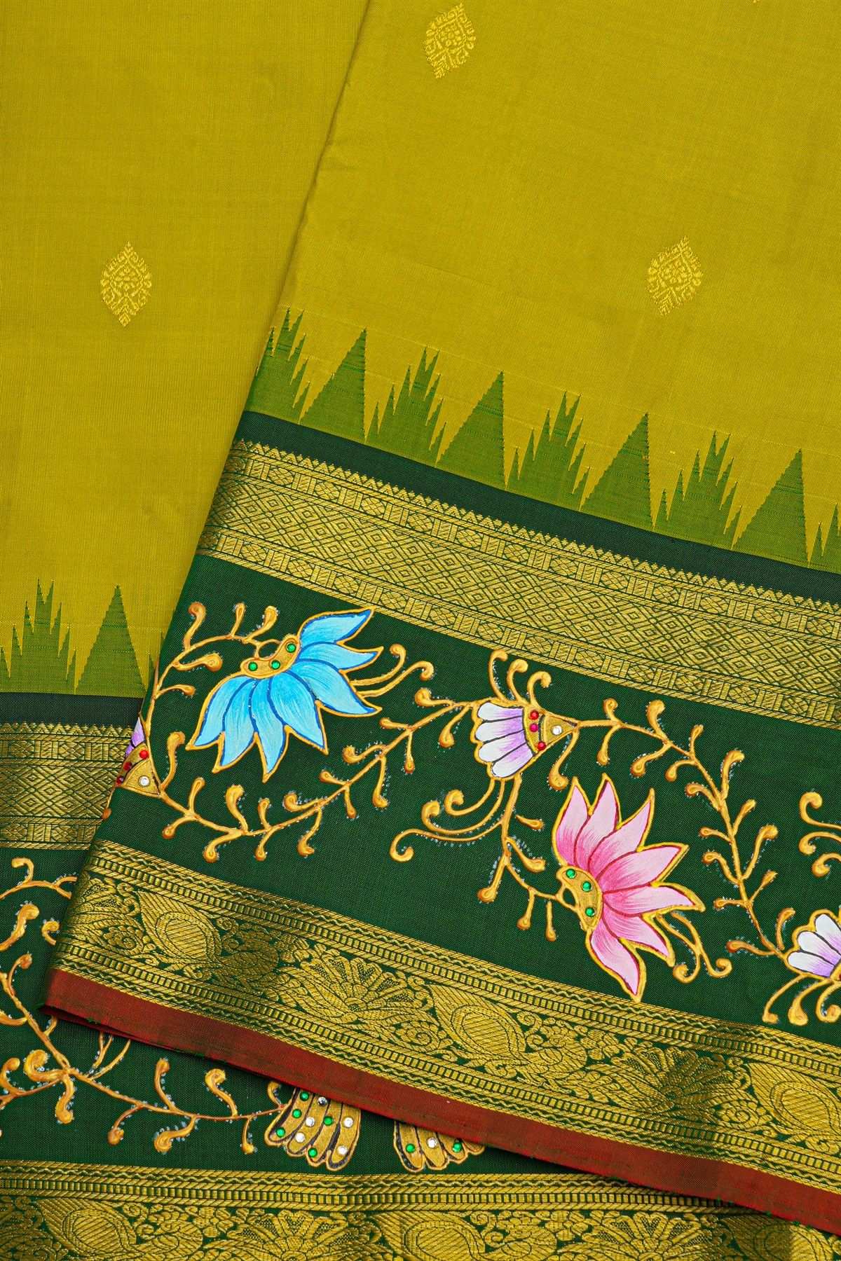 Gadwal Silk Mehendi Green Saree With Tanjore Hand Painted Florals And Birds Border