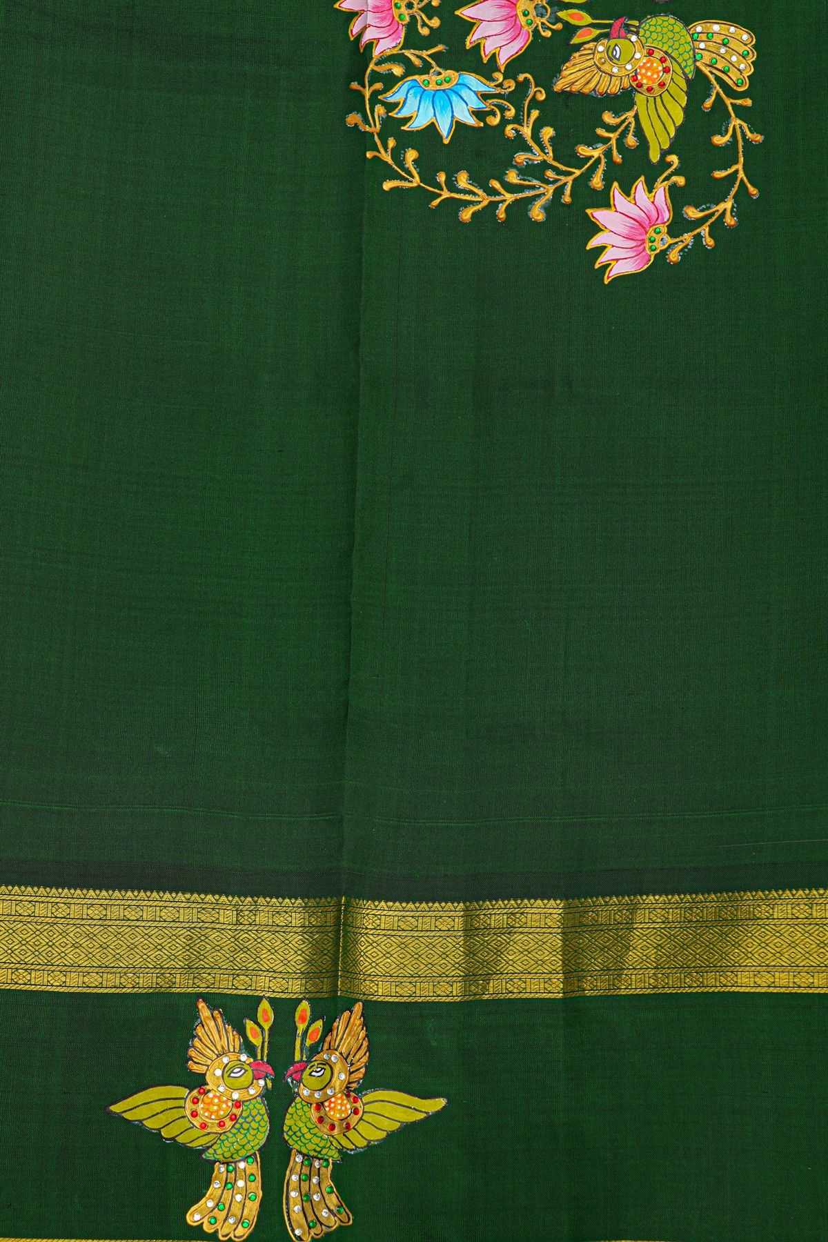 Gadwal Silk Mehendi Green Saree With Tanjore Hand Painted Florals And Birds Border
