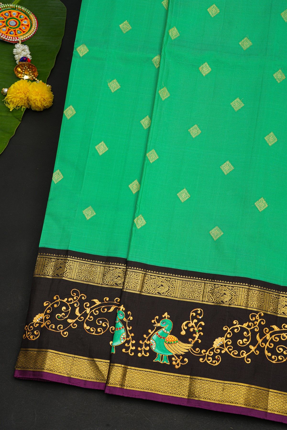 Gadwal Silk Sky Blue Saree With Tanjore Hand Painted Florals And Peacocks Border
