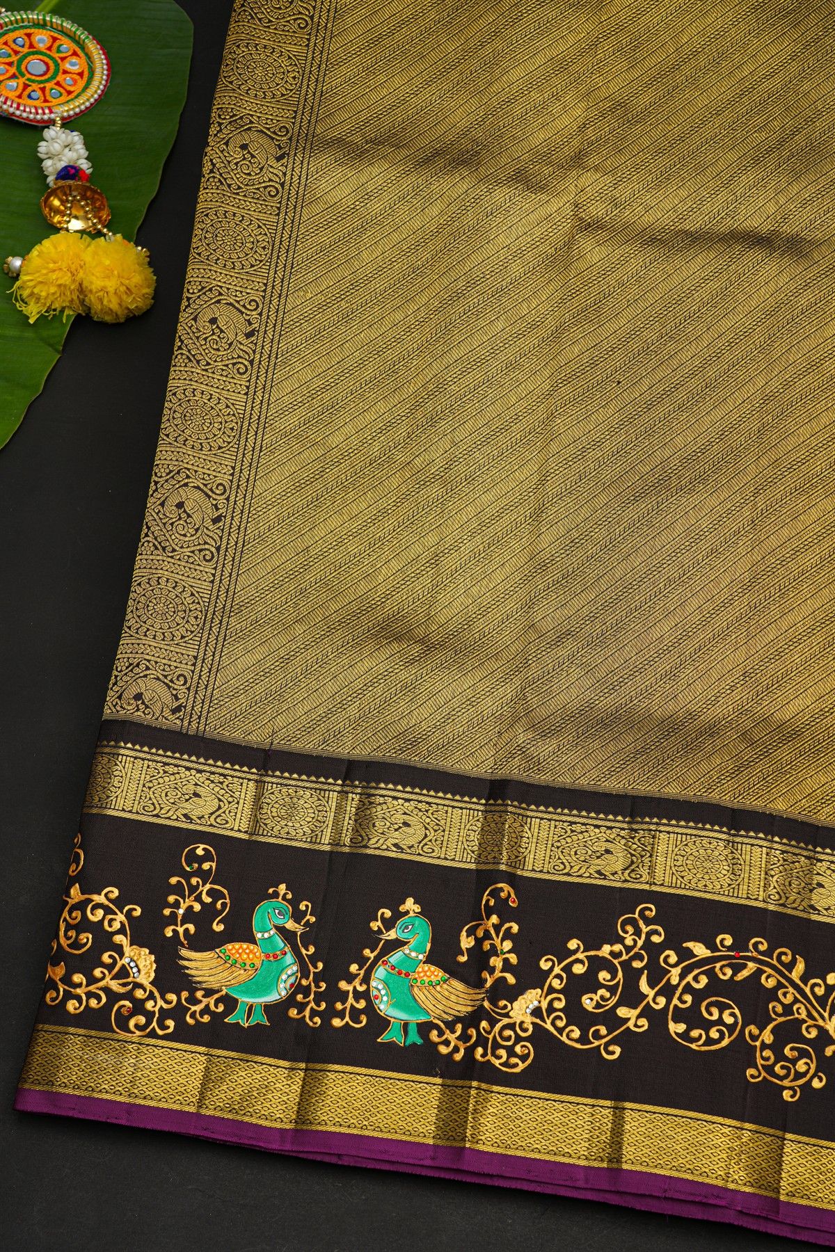 Gadwal Silk Sky Blue Saree With Tanjore Hand Painted Florals And Peacocks Border