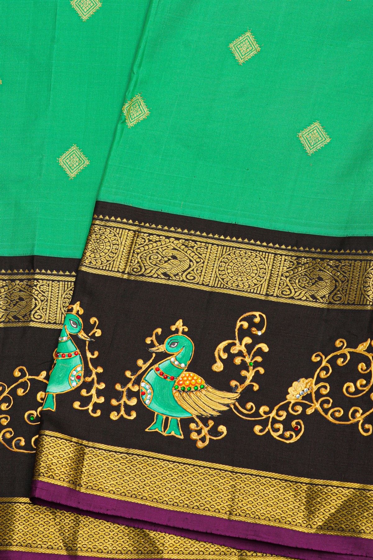 Gadwal Silk Sky Blue Saree With Tanjore Hand Painted Florals And Peacocks Border