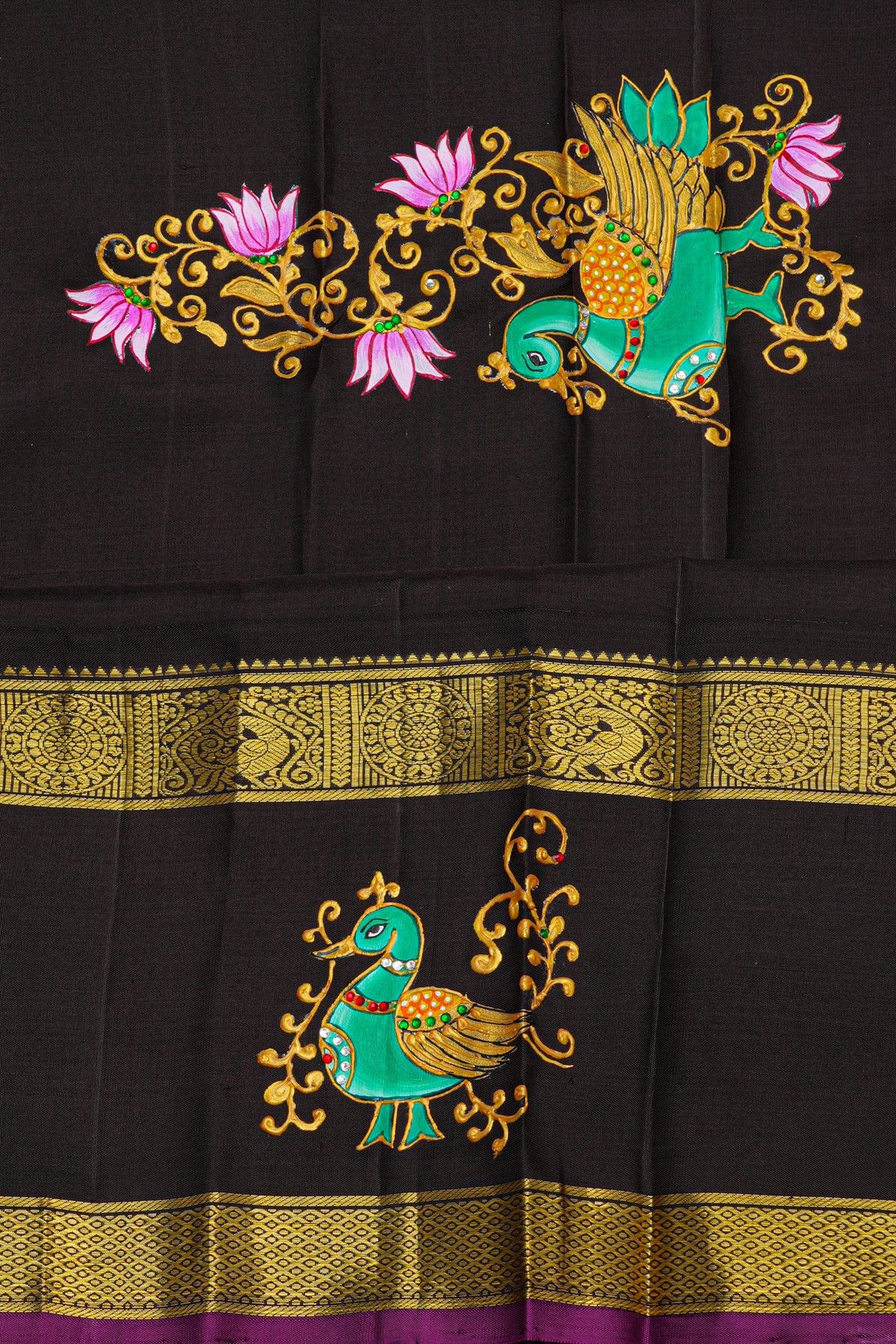 Gadwal Silk Sky Blue Saree With Tanjore Hand Painted Florals And Peacocks Border