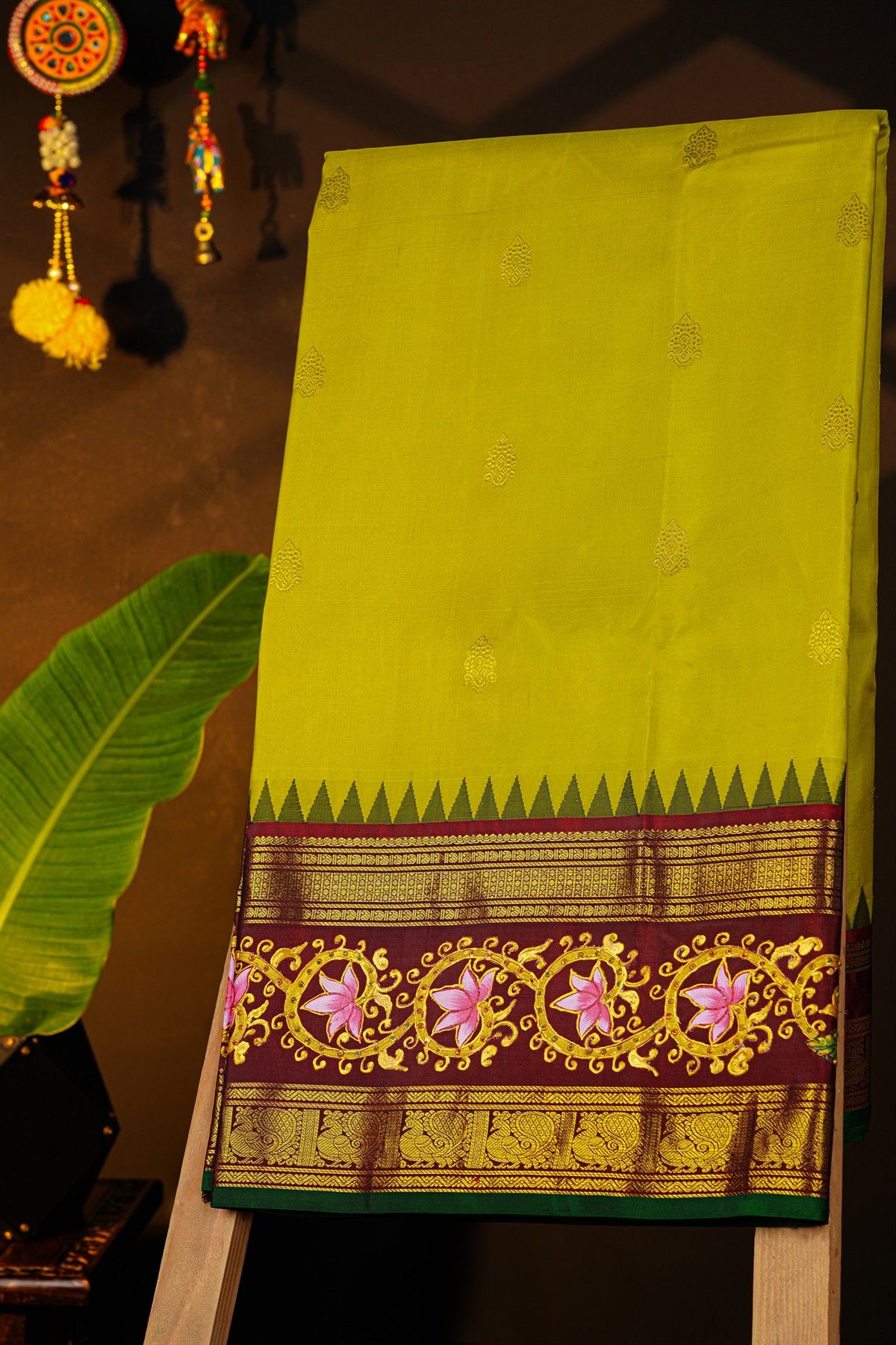 Gadwal Silk Parrot Green Saree With Tanjore Hand Painted Floral Jaal Border