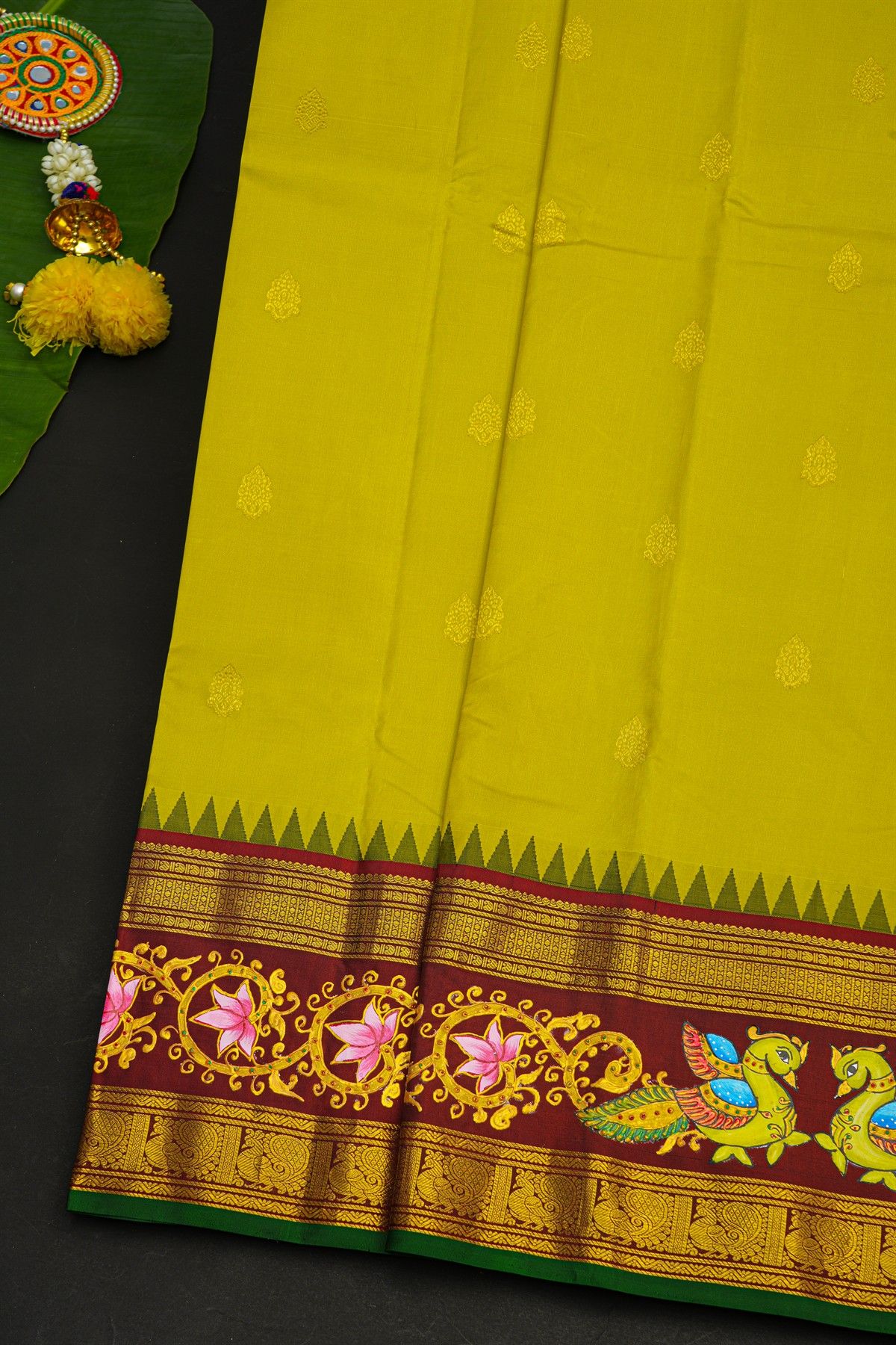 Gadwal Silk Parrot Green Saree With Tanjore Hand Painted Floral Jaal Border