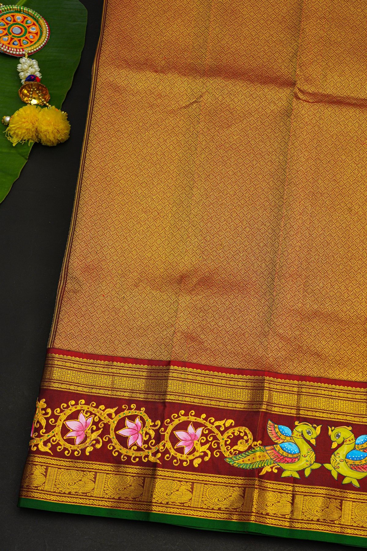 Gadwal Silk Parrot Green Saree With Tanjore Hand Painted Floral Jaal Border