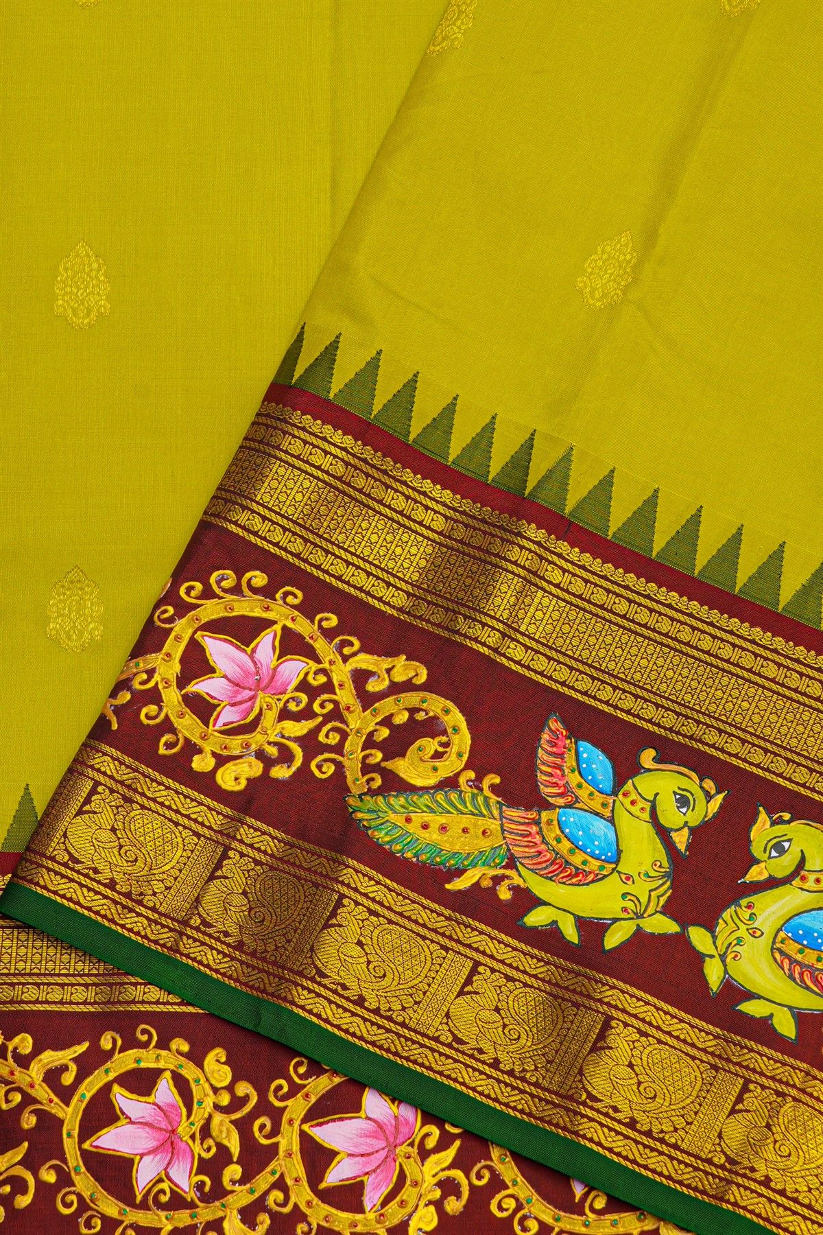 Gadwal Silk Parrot Green Saree With Tanjore Hand Painted Floral Jaal Border