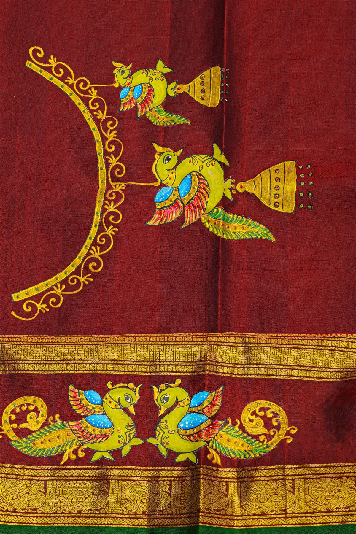 Gadwal Silk Parrot Green Saree With Tanjore Hand Painted Floral Jaal Border