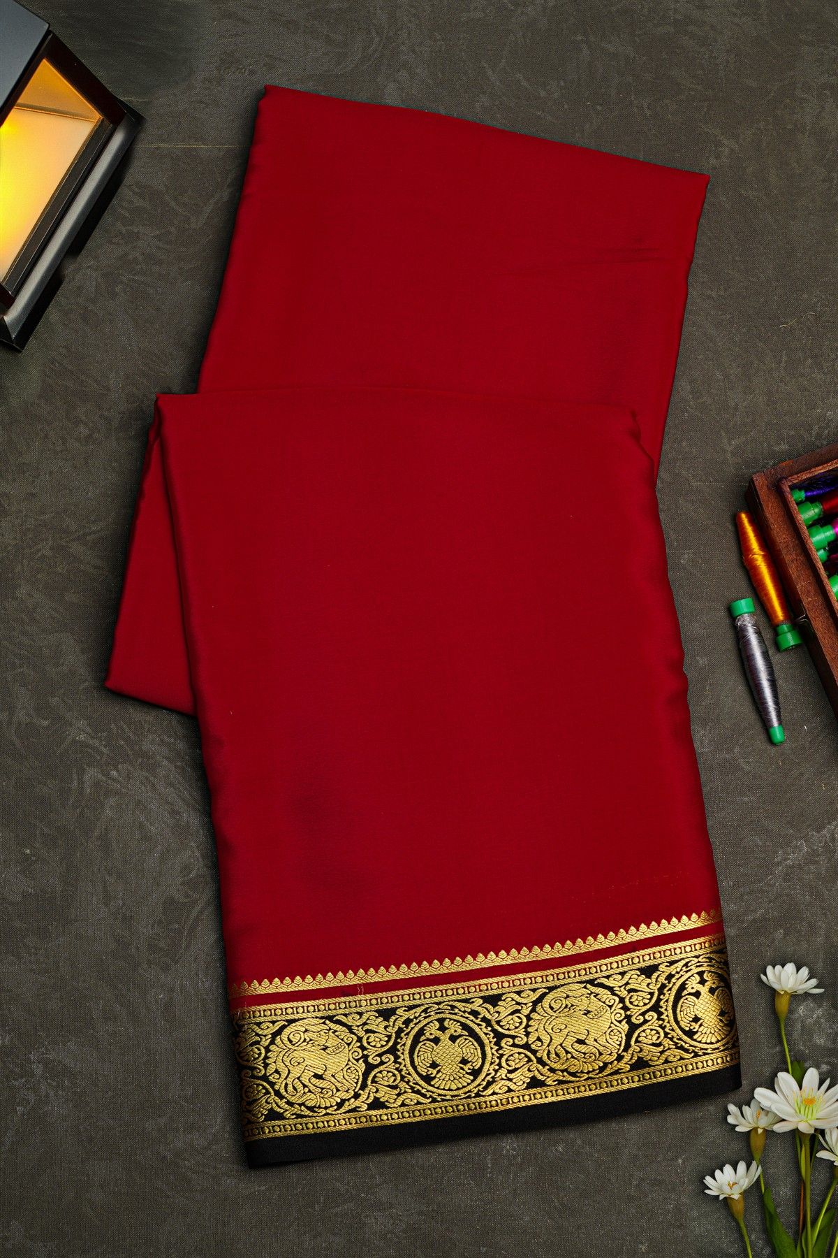 Mysore Crepe Red Saree With Floral Yalis And Gandaberunda Border