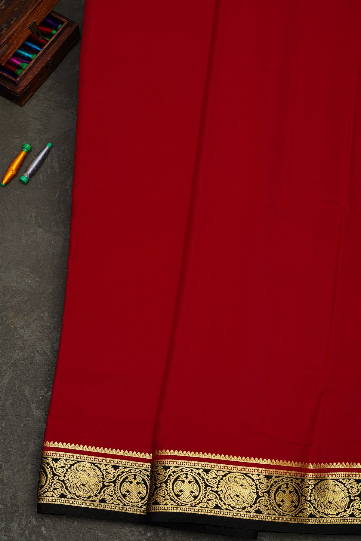 Mysore Crepe Red Saree With Floral Yalis And Gandaberunda Border