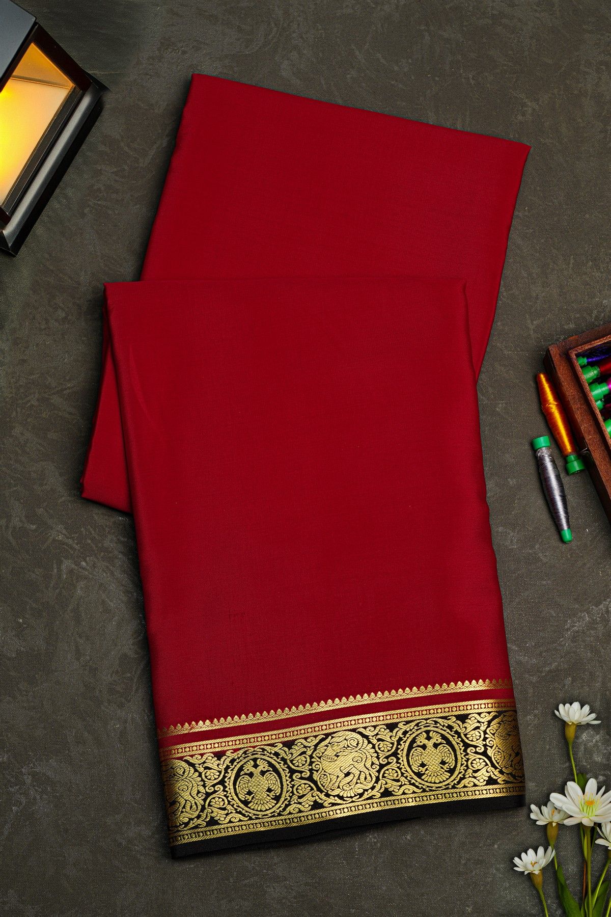 Mysore Crepe Red Saree With Floral Yalis And Gandaberunda Border