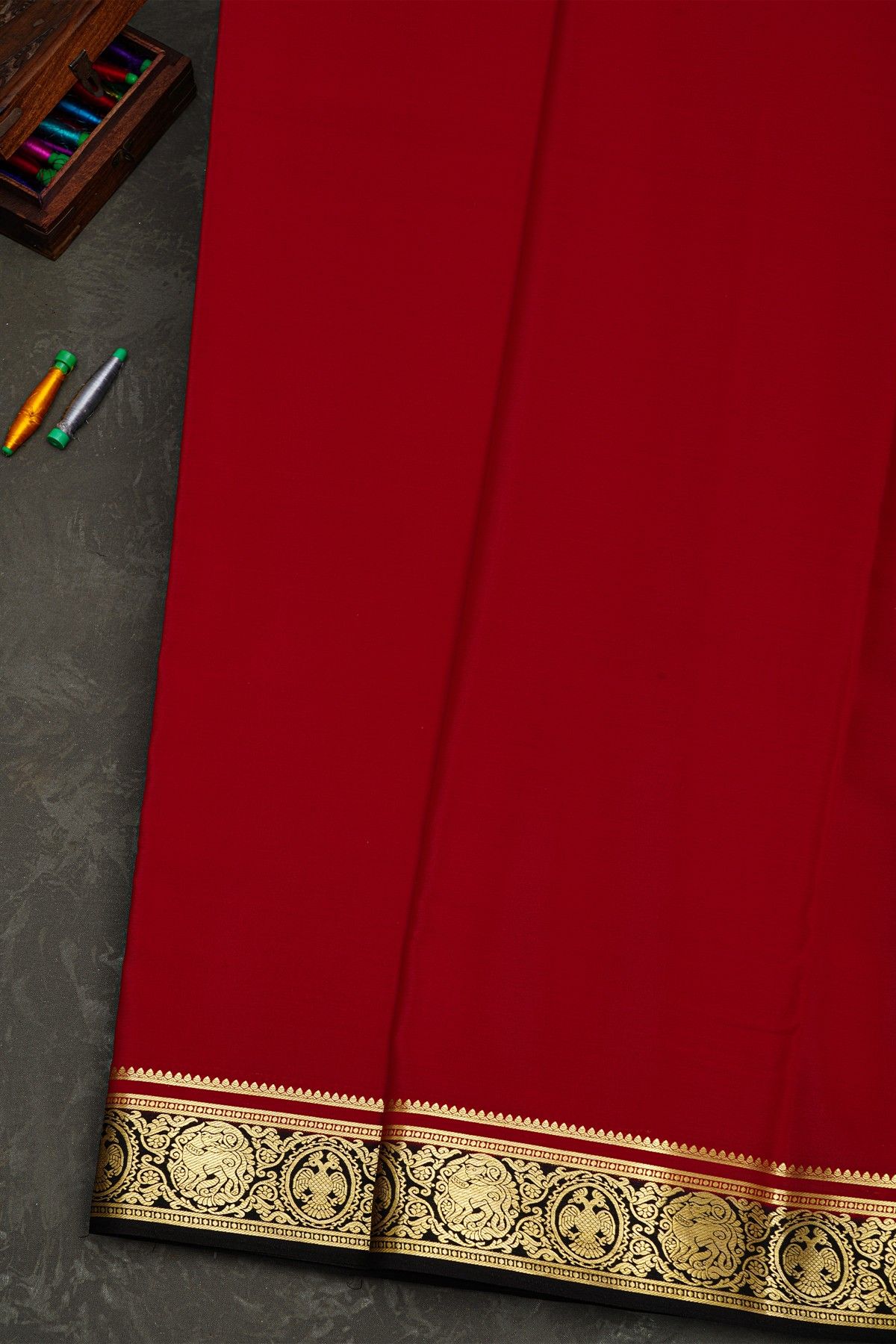 Mysore Crepe Red Saree With Floral Yalis And Gandaberunda Border
