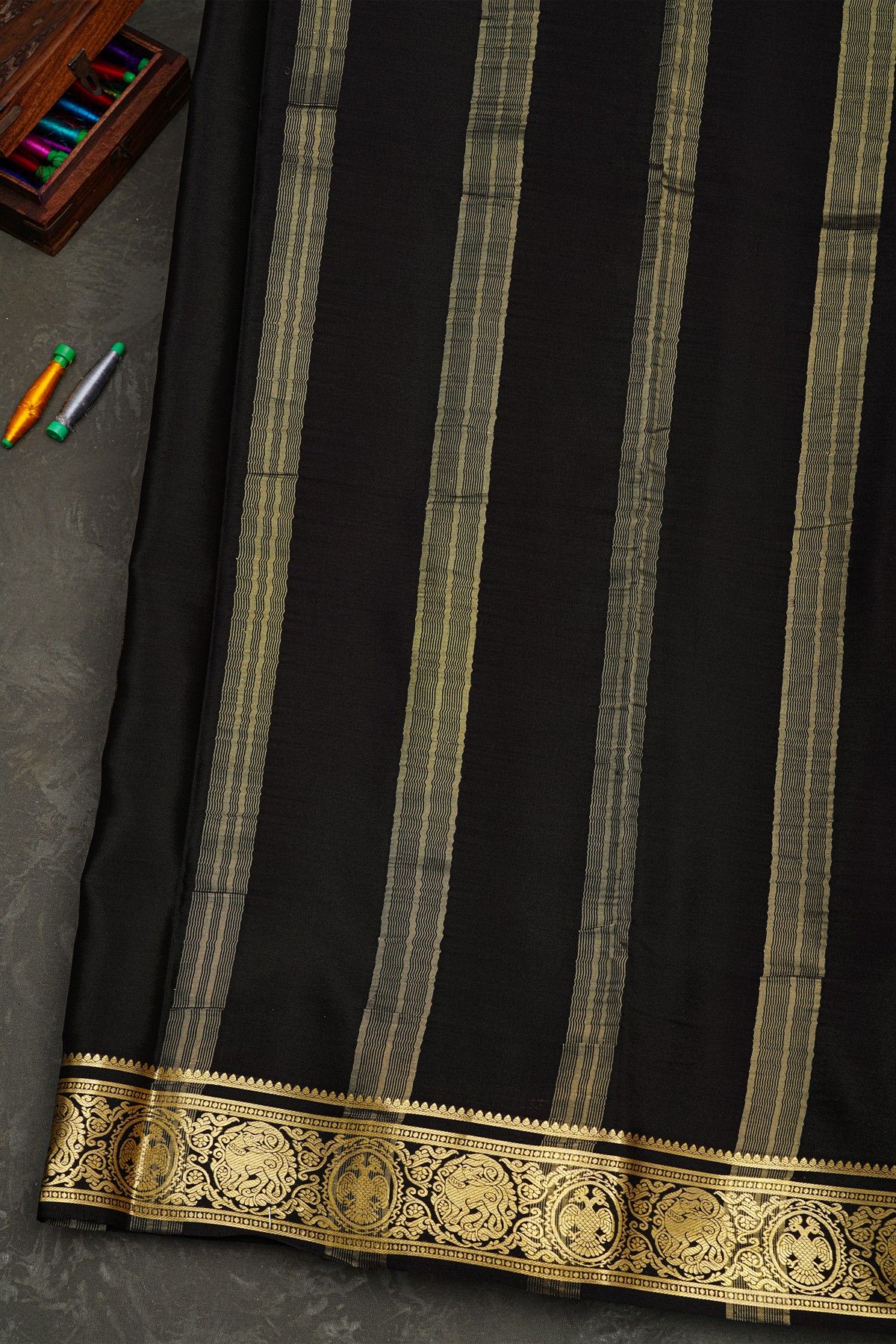 Mysore Crepe Red Saree With Floral Yalis And Gandaberunda Border