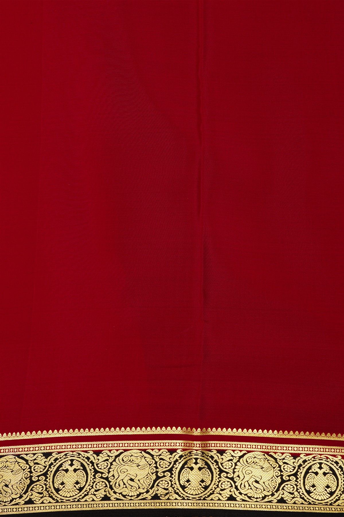 Mysore Crepe Red Saree With Floral Yalis And Gandaberunda Border