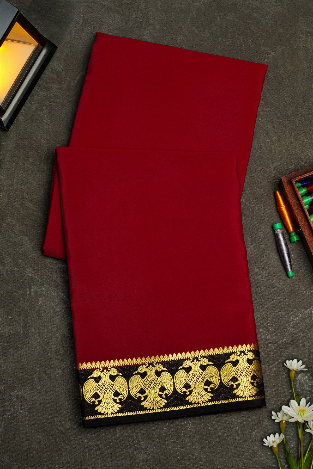 Mysore Crepe Maroon Saree With Floral Yali Butti Border