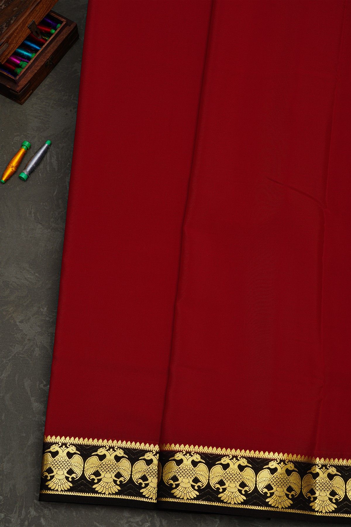 Mysore Crepe Maroon Saree With Floral Yali Butti Border