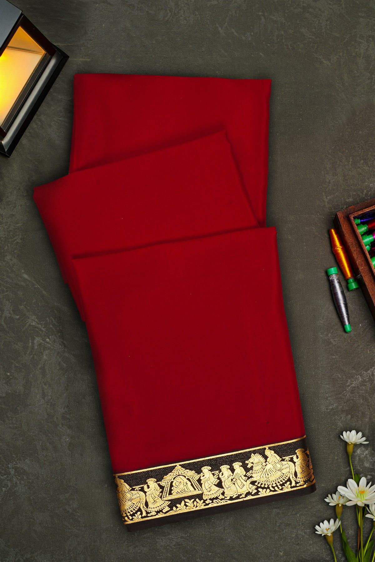 Mysore Crepe Maroon Saree With Pallaki Motif Border