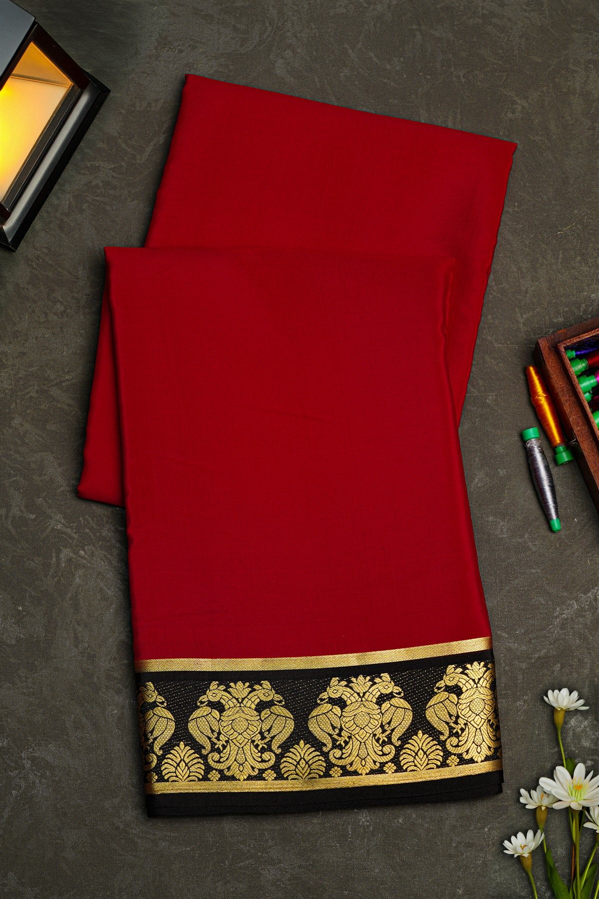 Mysore Crepe Maroon Saree With Floral Yali Border