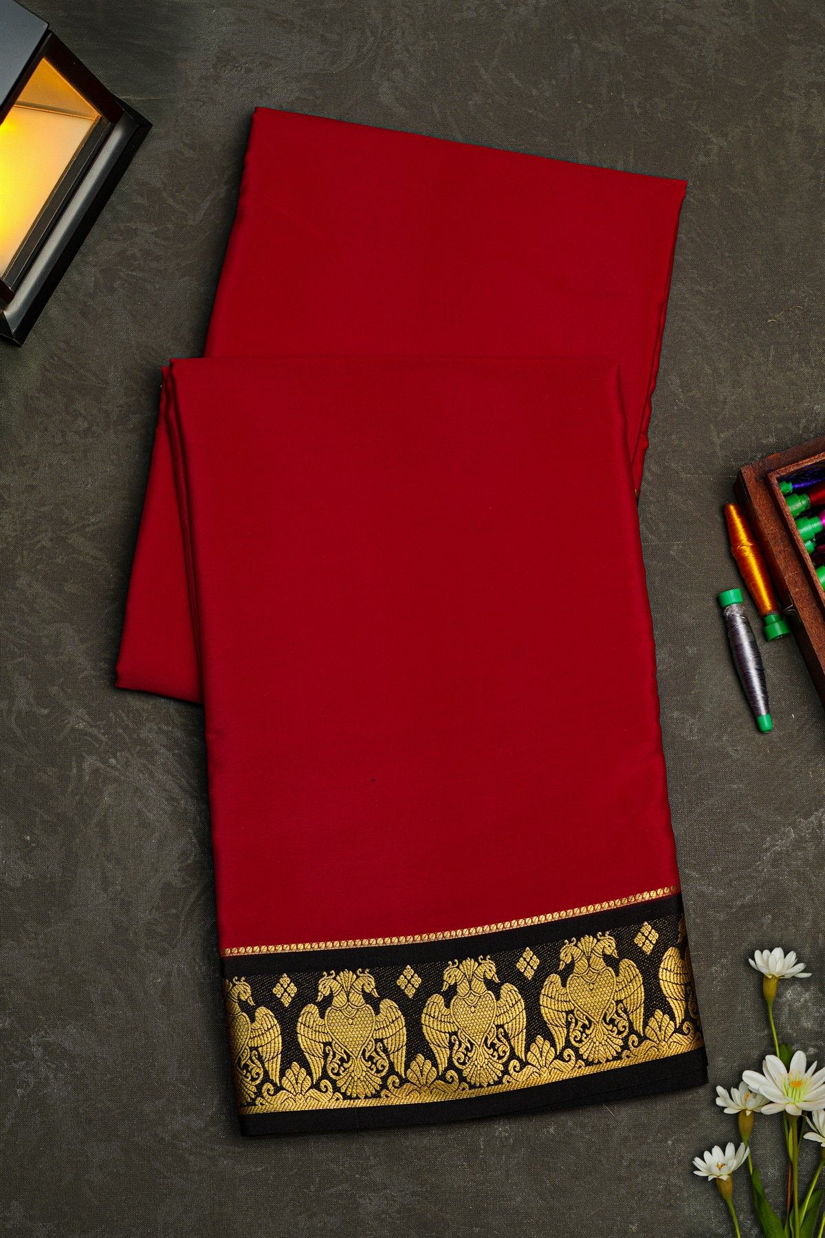 Mysore Crepe Maroon Saree With Floral Gandaberunda Buttis Border