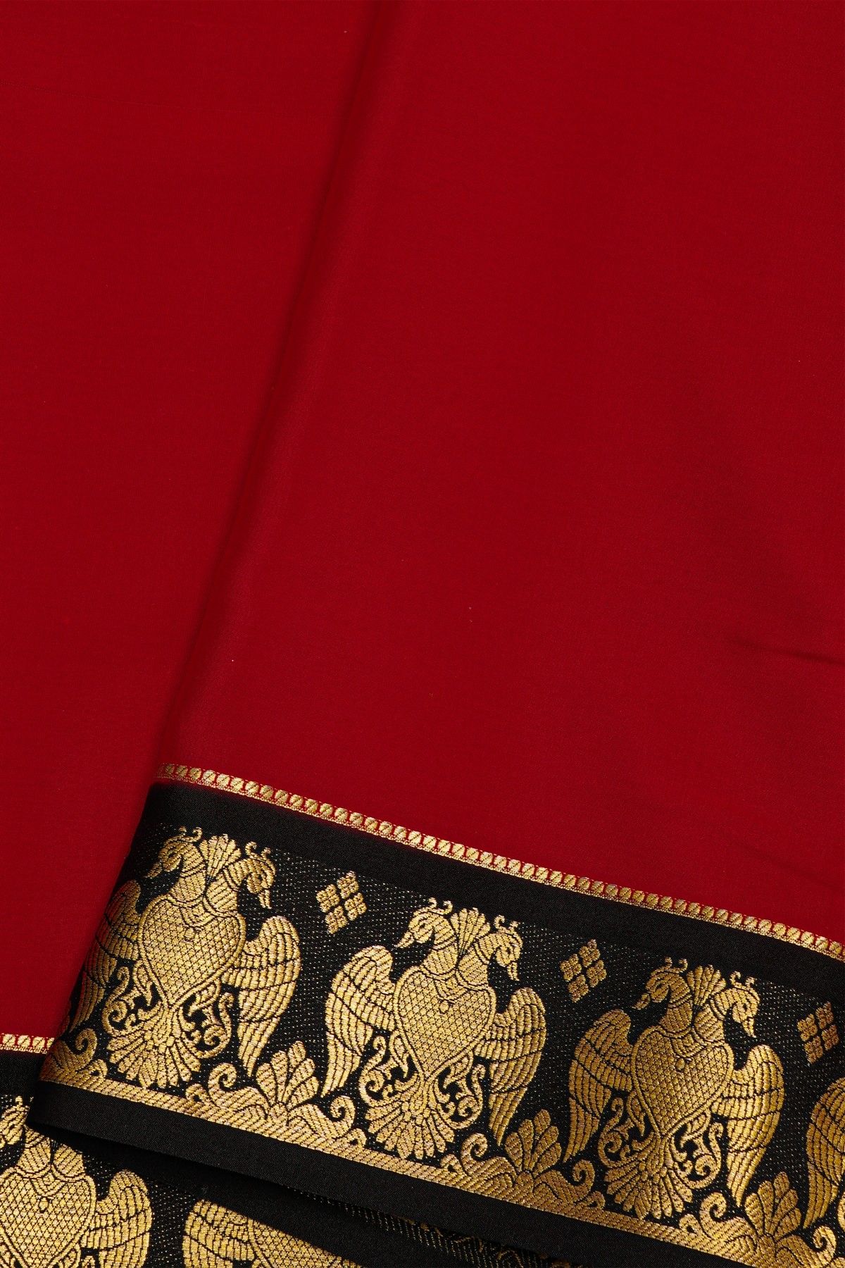 Mysore Crepe Maroon Saree With Floral Gandaberunda Buttis Border