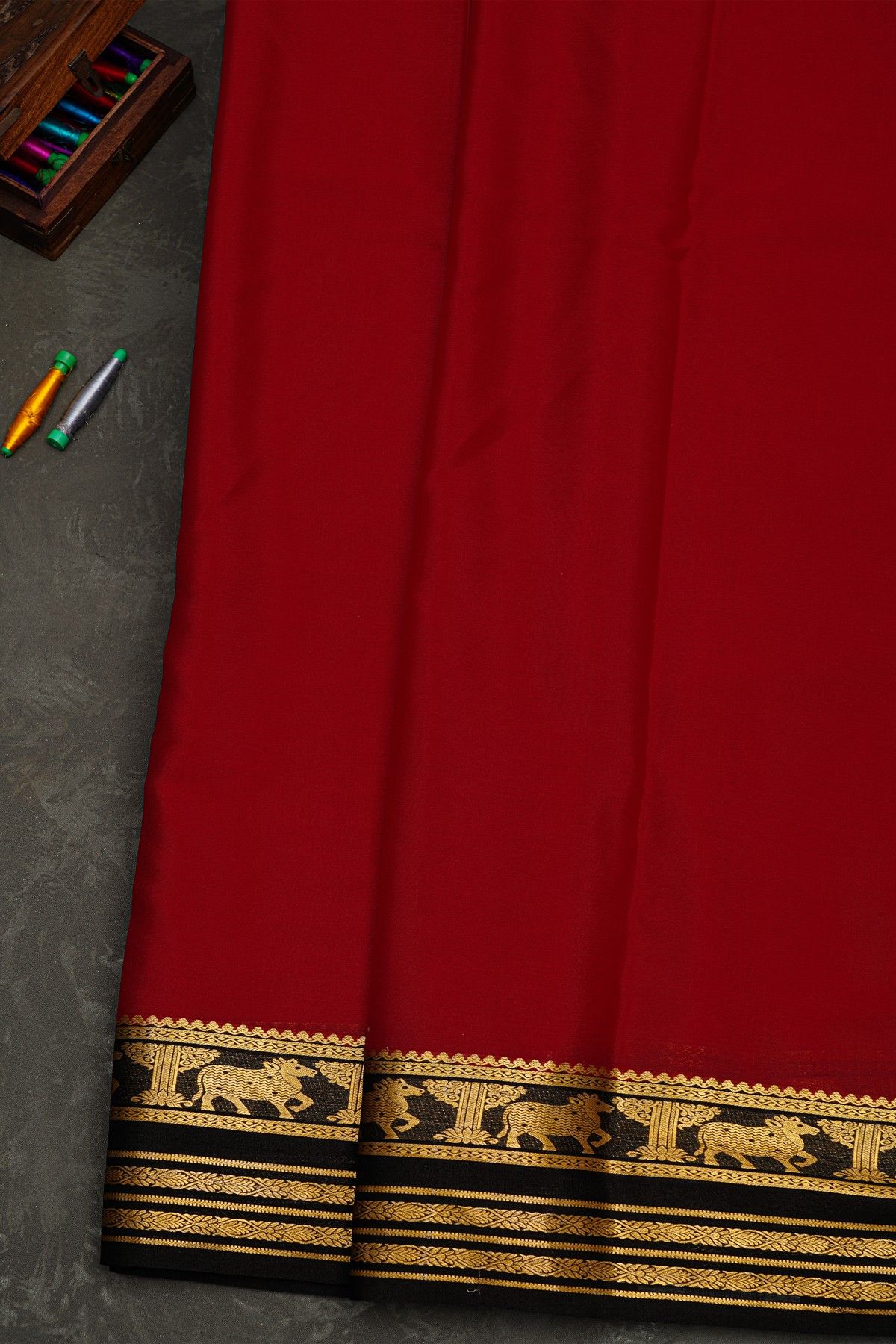 Mysore Crepe Maroon Saree With Florals And Pichwai Cows Border