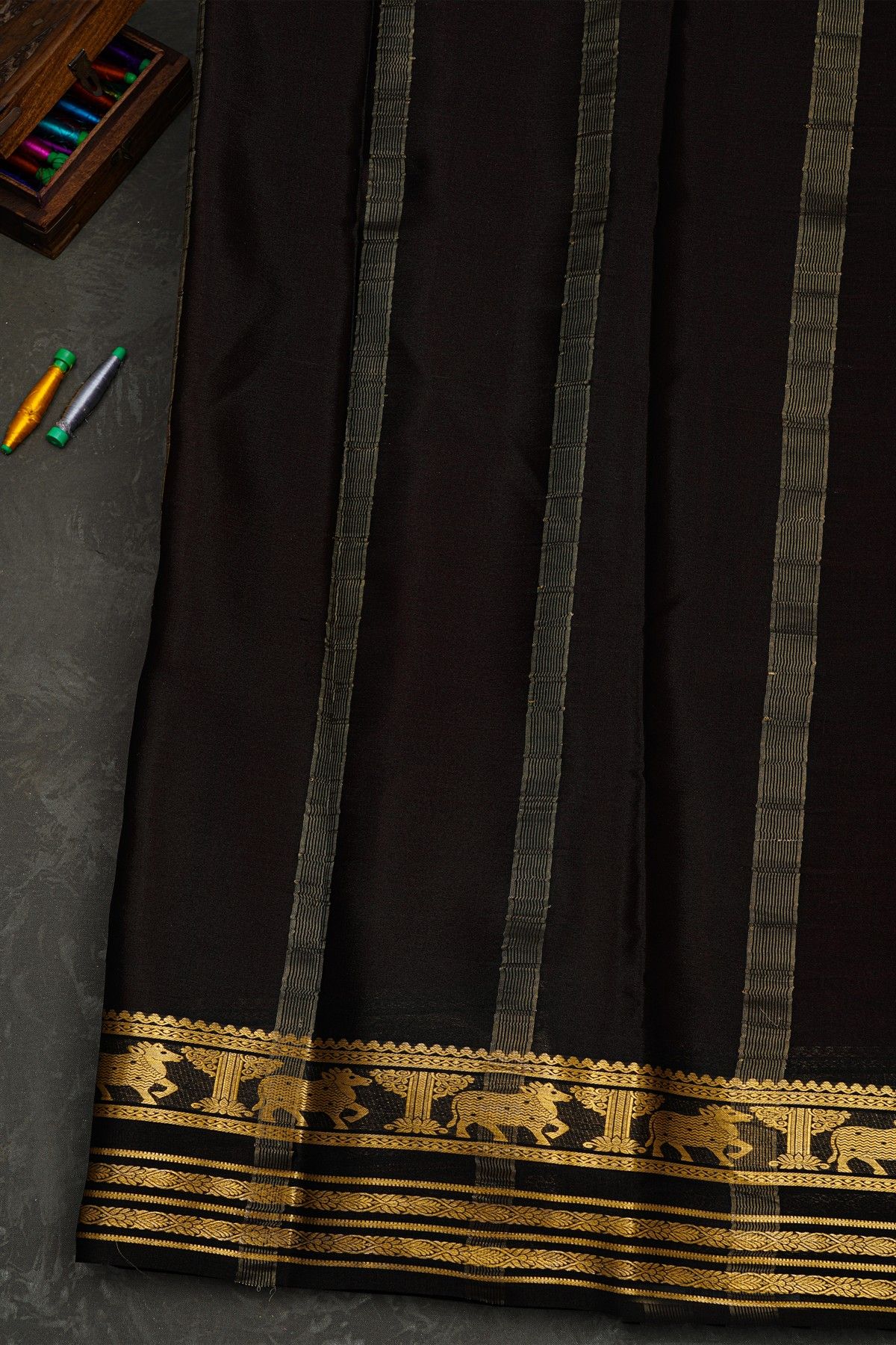 Mysore Crepe Maroon Saree With Florals And Pichwai Cows Border