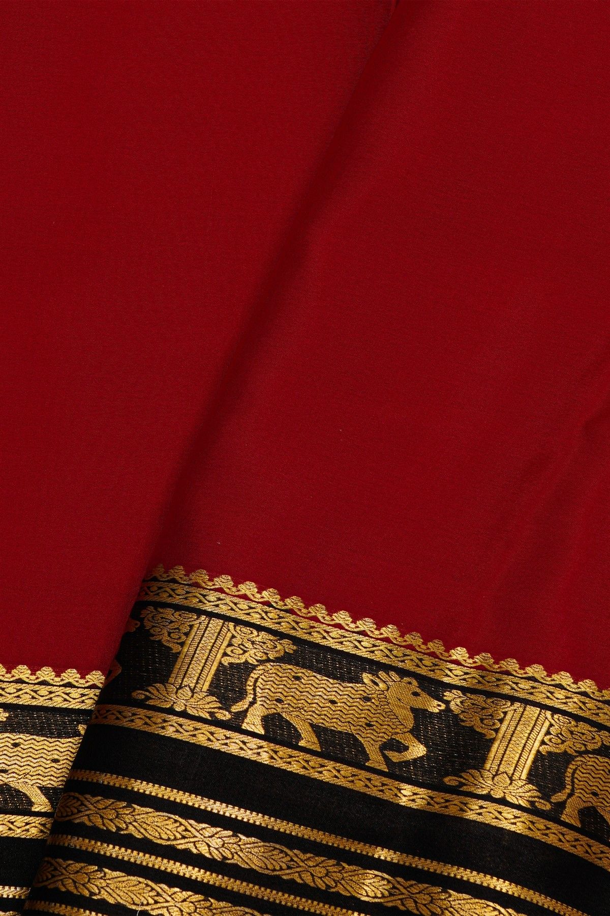 Mysore Crepe Maroon Saree With Florals And Pichwai Cows Border